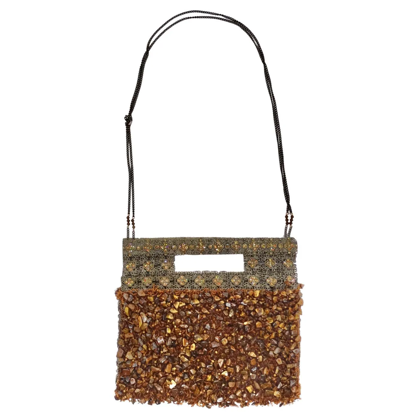 1970s Tiger Eye Stone Swarovski Crystal Embellished Handbag