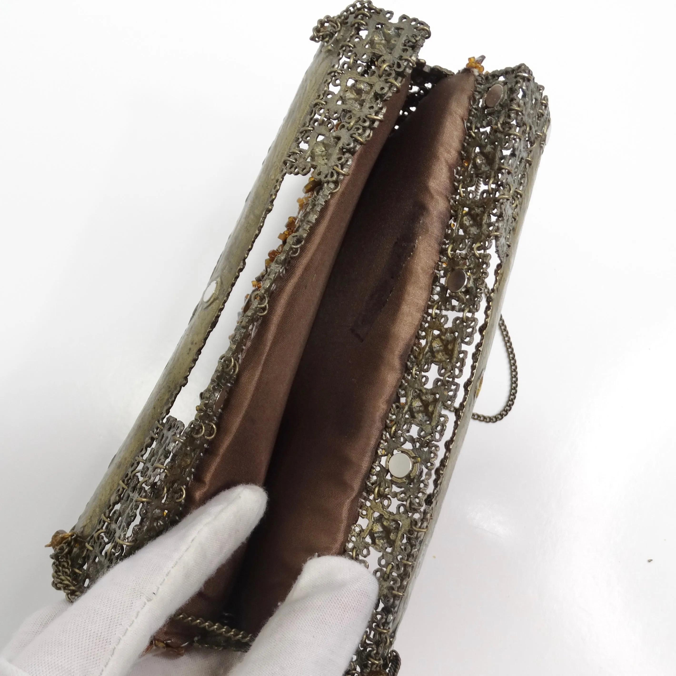 1970s Tiger Eye Stone Swarovski Crystal Embellished Handbag