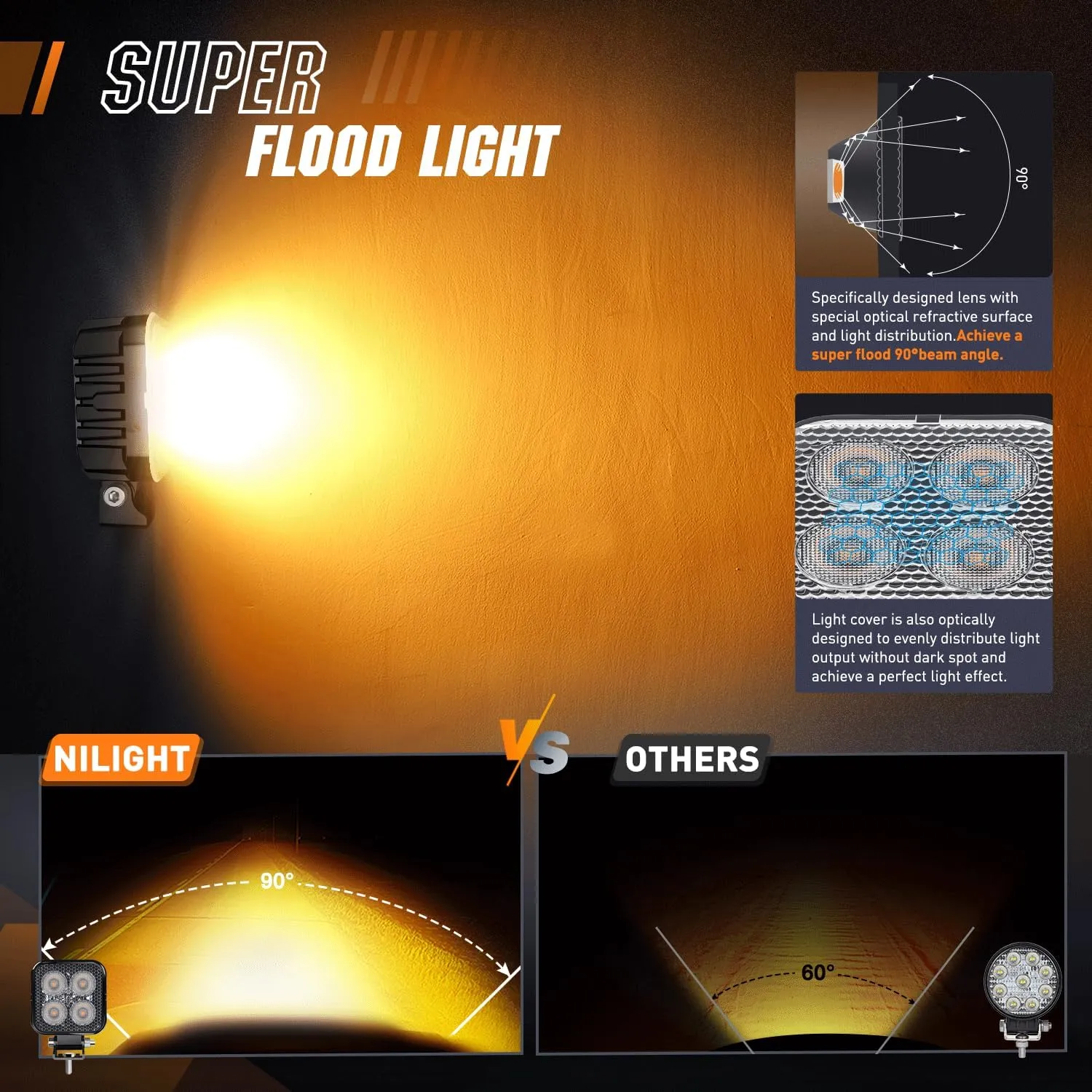 3 Inch 15W 2100LM Square Amber Flood Built-in EMC Led Work Lights (Pair)