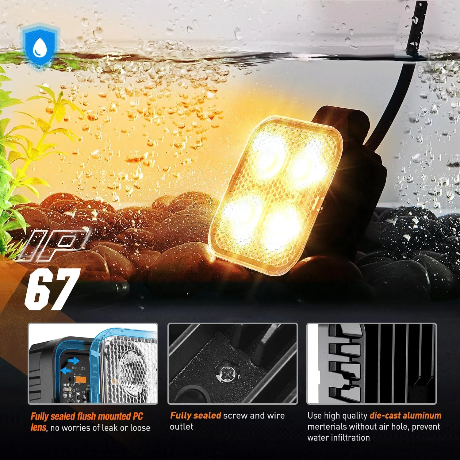 3 Inch 15W 2100LM Square Amber Flood Built-in EMC Led Work Lights (Pair)