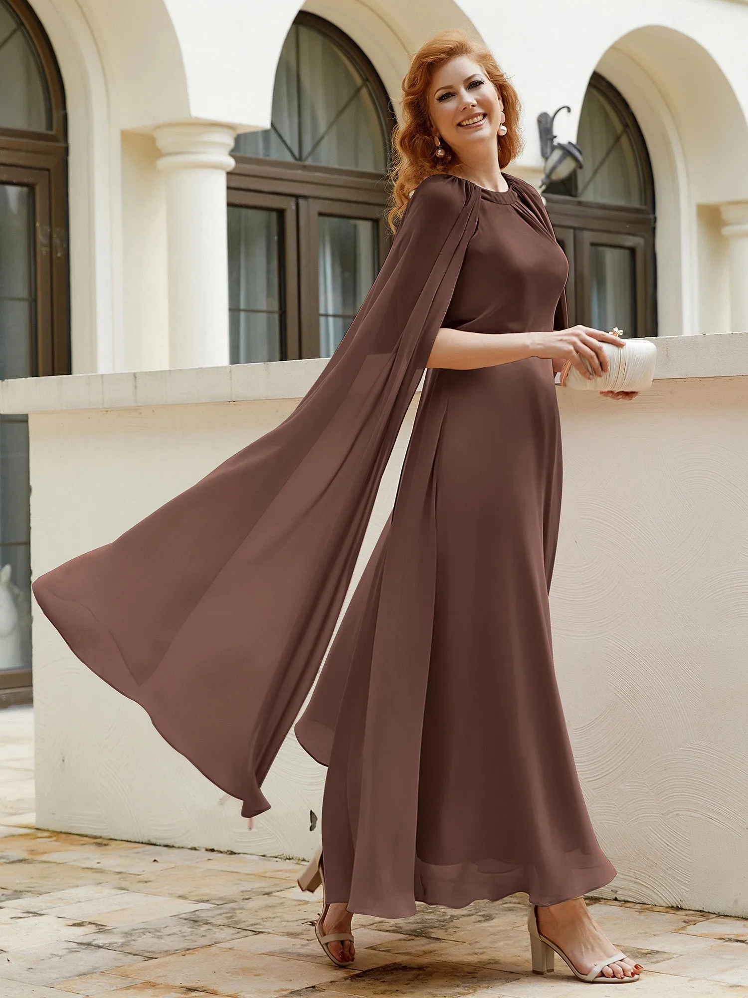 A-line Jewel-Neck Chiffon Dress With Long Cape-Chocolate