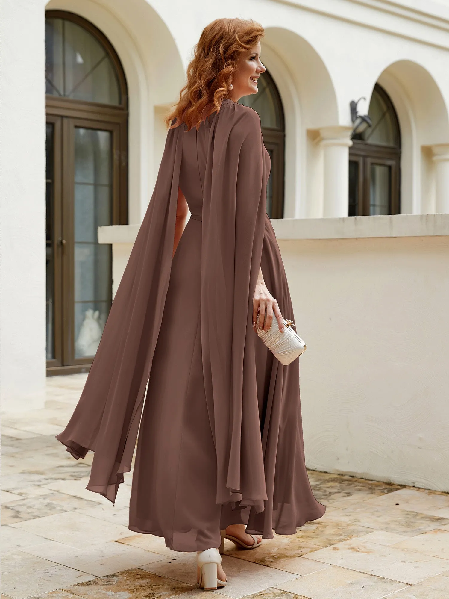 A-line Jewel-Neck Chiffon Dress With Long Cape-Chocolate