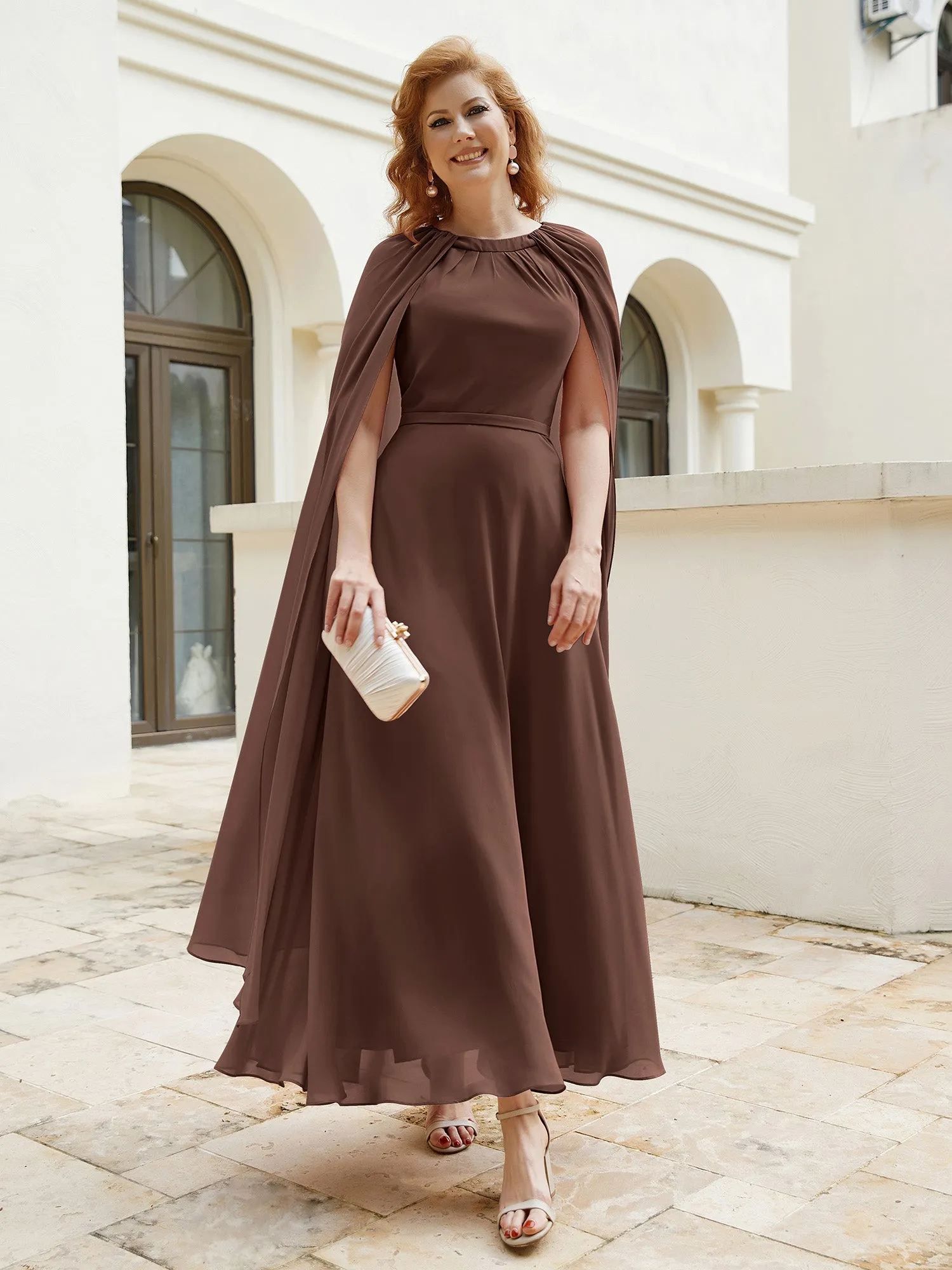 A-line Jewel-Neck Chiffon Dress With Long Cape-Chocolate