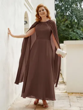 A-line Jewel-Neck Chiffon Dress With Long Cape-Chocolate
