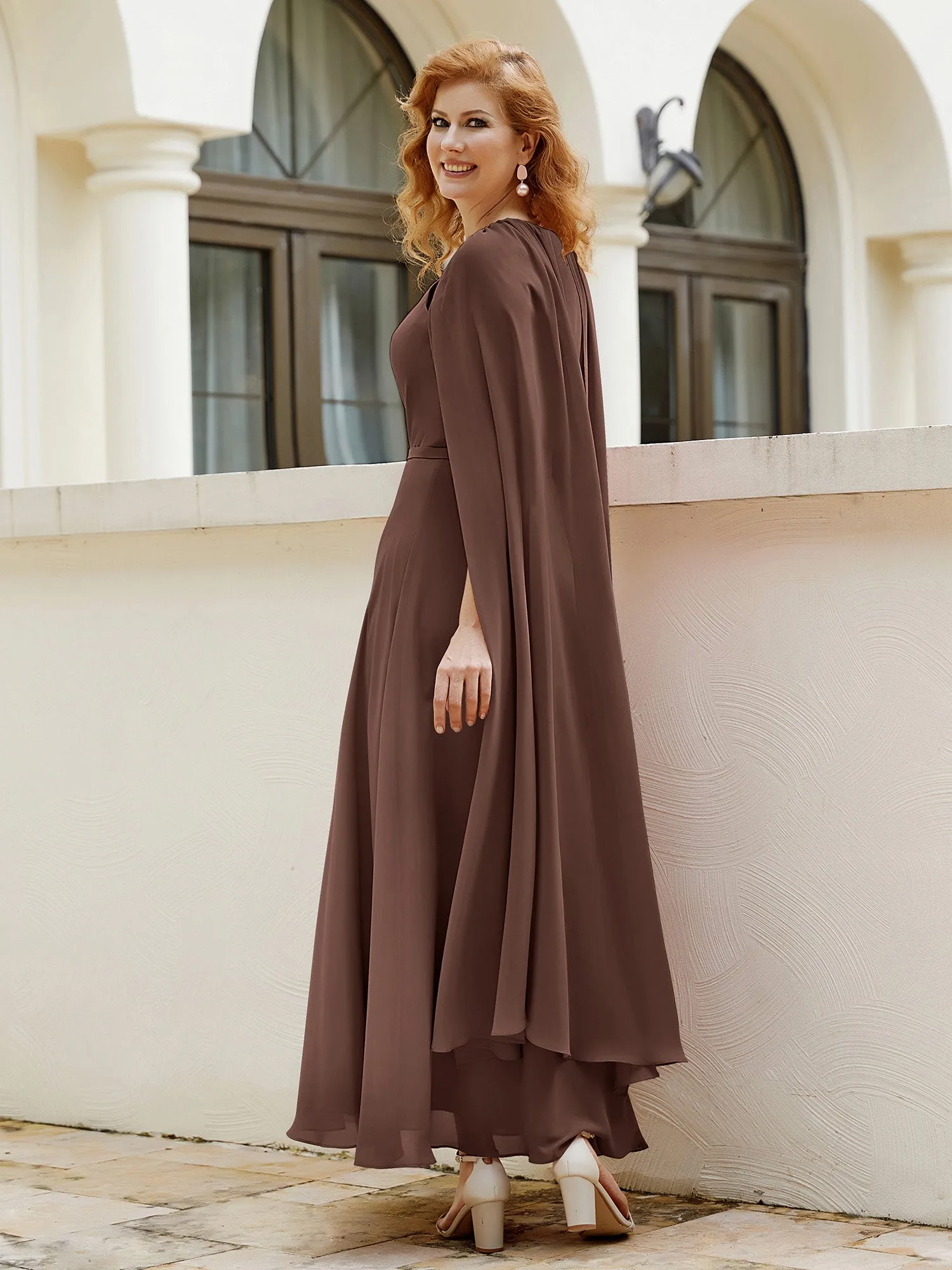 A-line Jewel-Neck Chiffon Dress With Long Cape-Chocolate