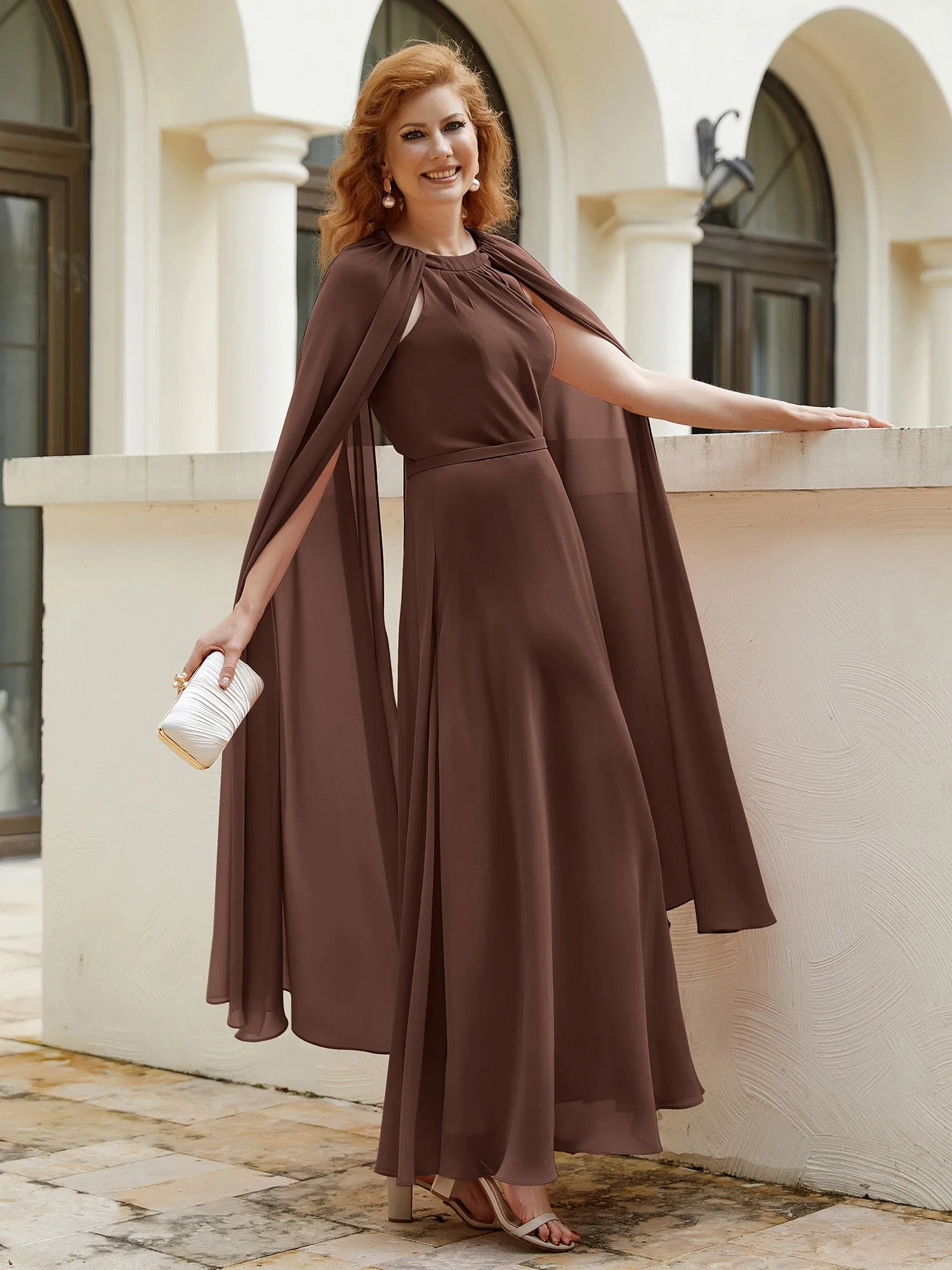 A-line Jewel-Neck Chiffon Dress With Long Cape-Chocolate