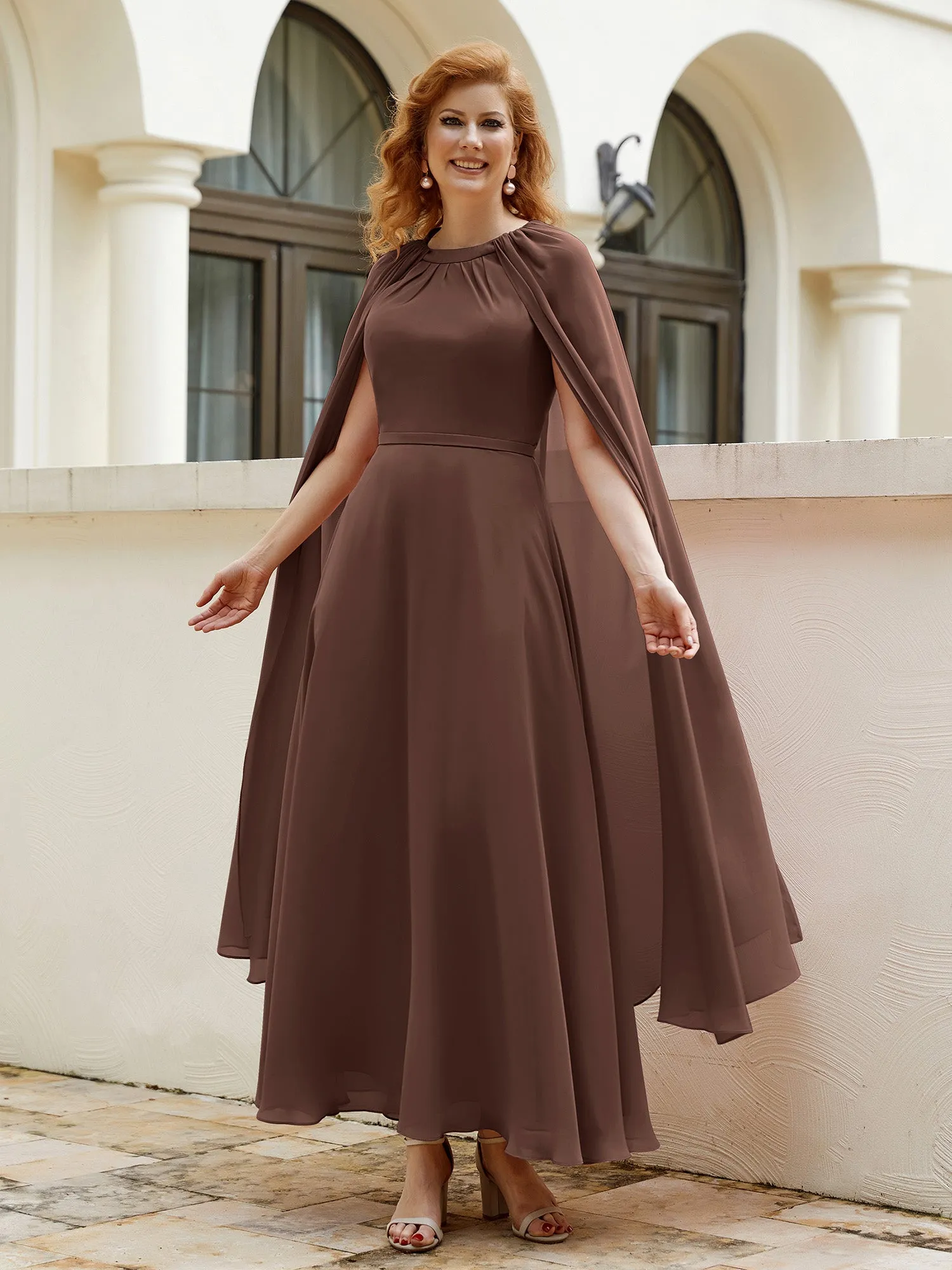A-line Jewel-Neck Chiffon Dress With Long Cape-Chocolate
