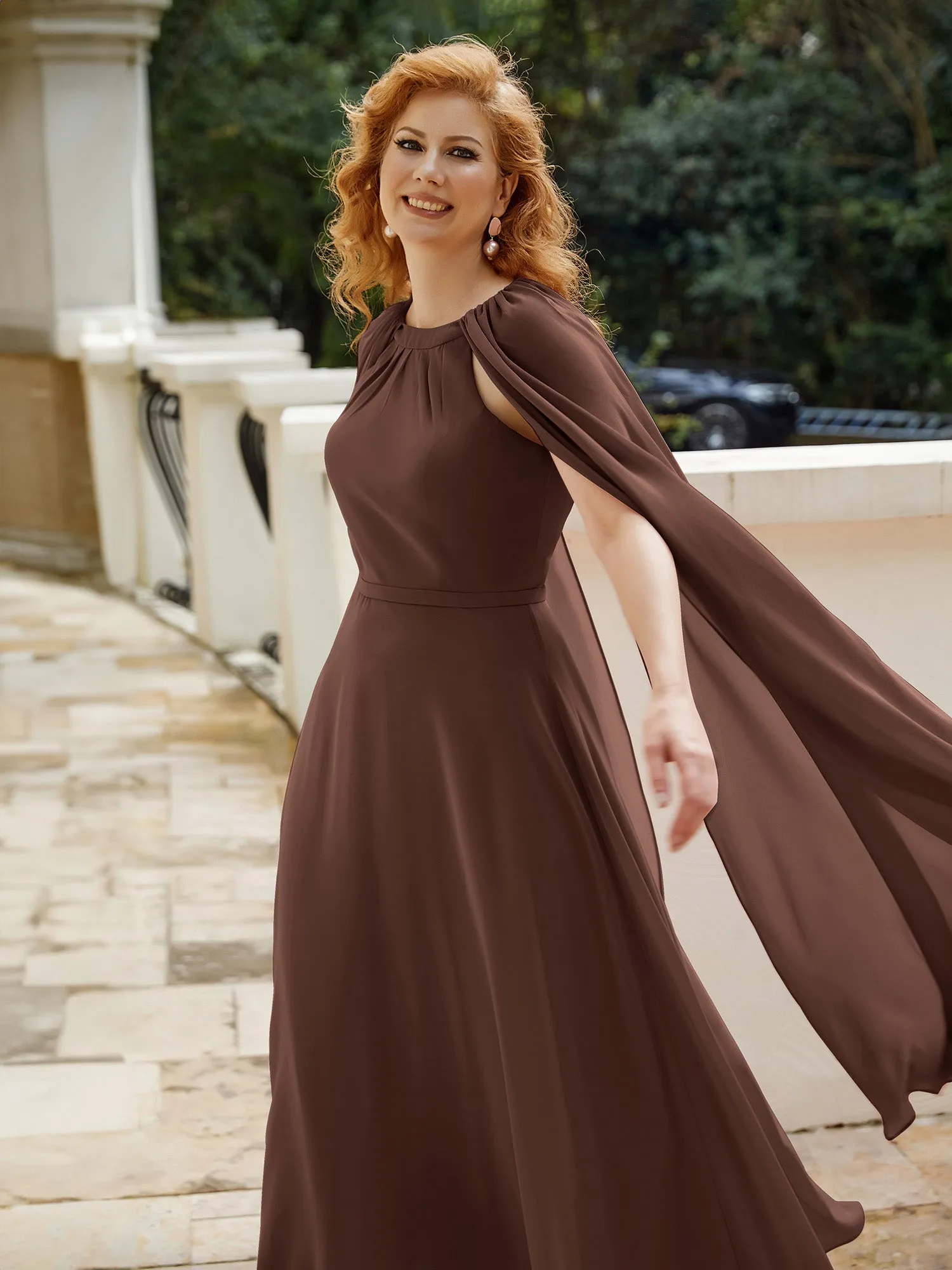 A-line Jewel-Neck Chiffon Dress With Long Cape-Chocolate