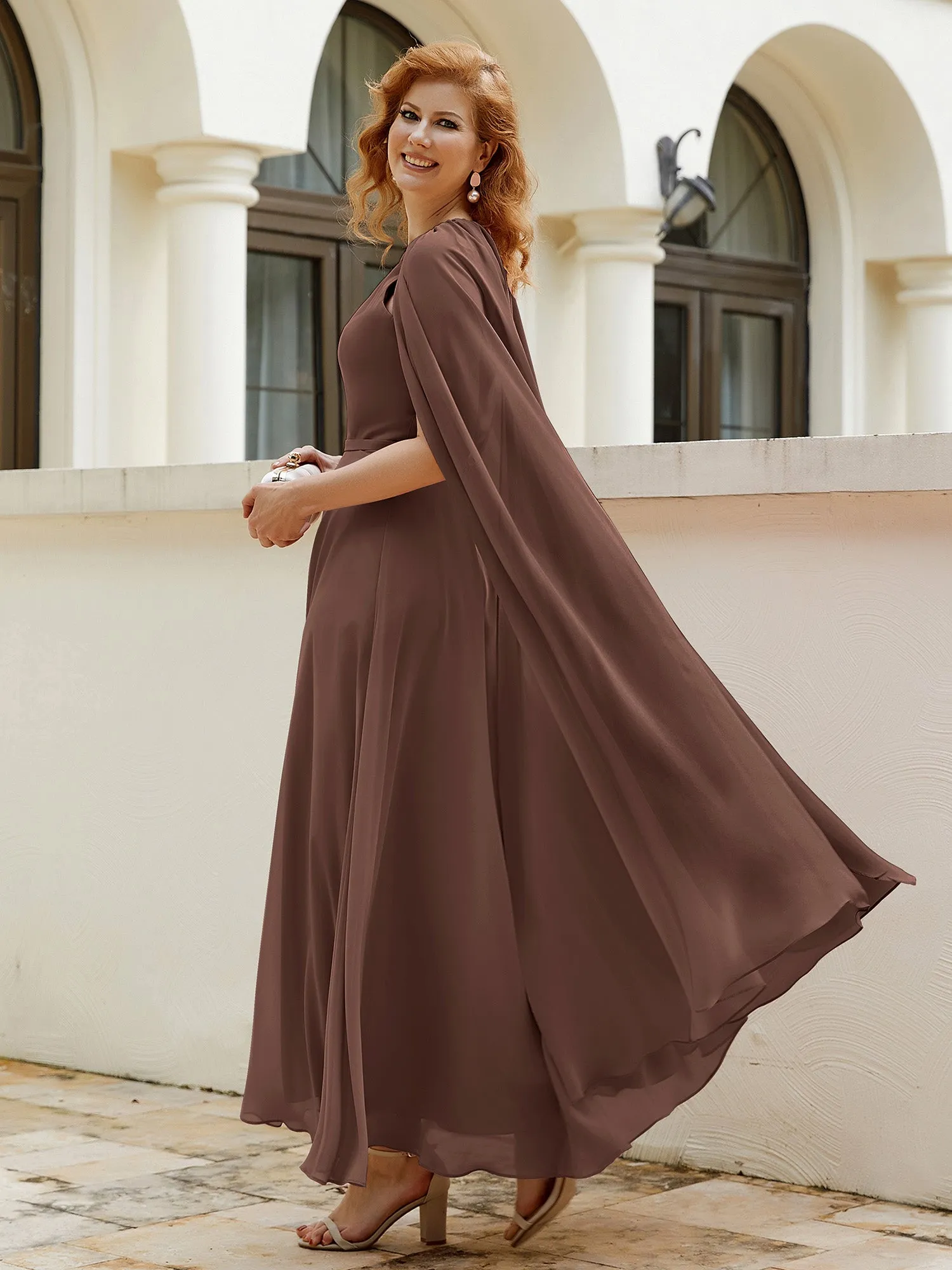 A-line Jewel-Neck Chiffon Dress With Long Cape-Chocolate