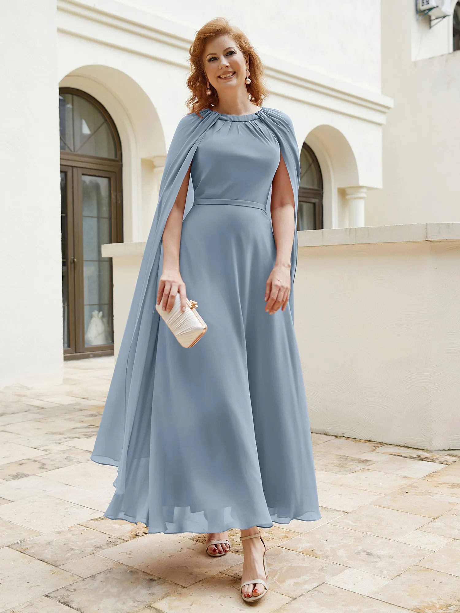 A-line Jewel-Neck Chiffon Dress With Long Cape-Dusty Blue