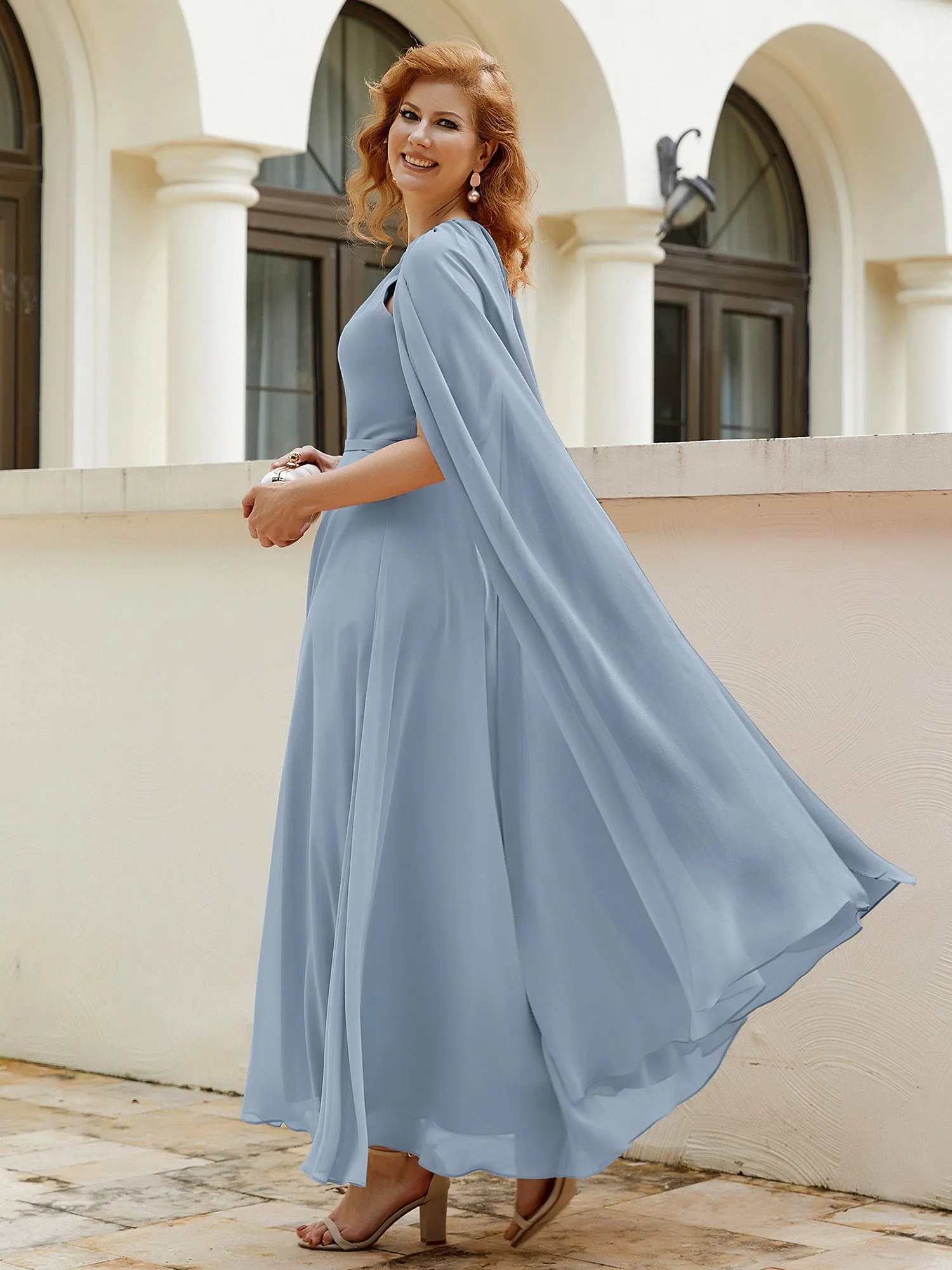 A-line Jewel-Neck Chiffon Dress With Long Cape-Dusty Blue