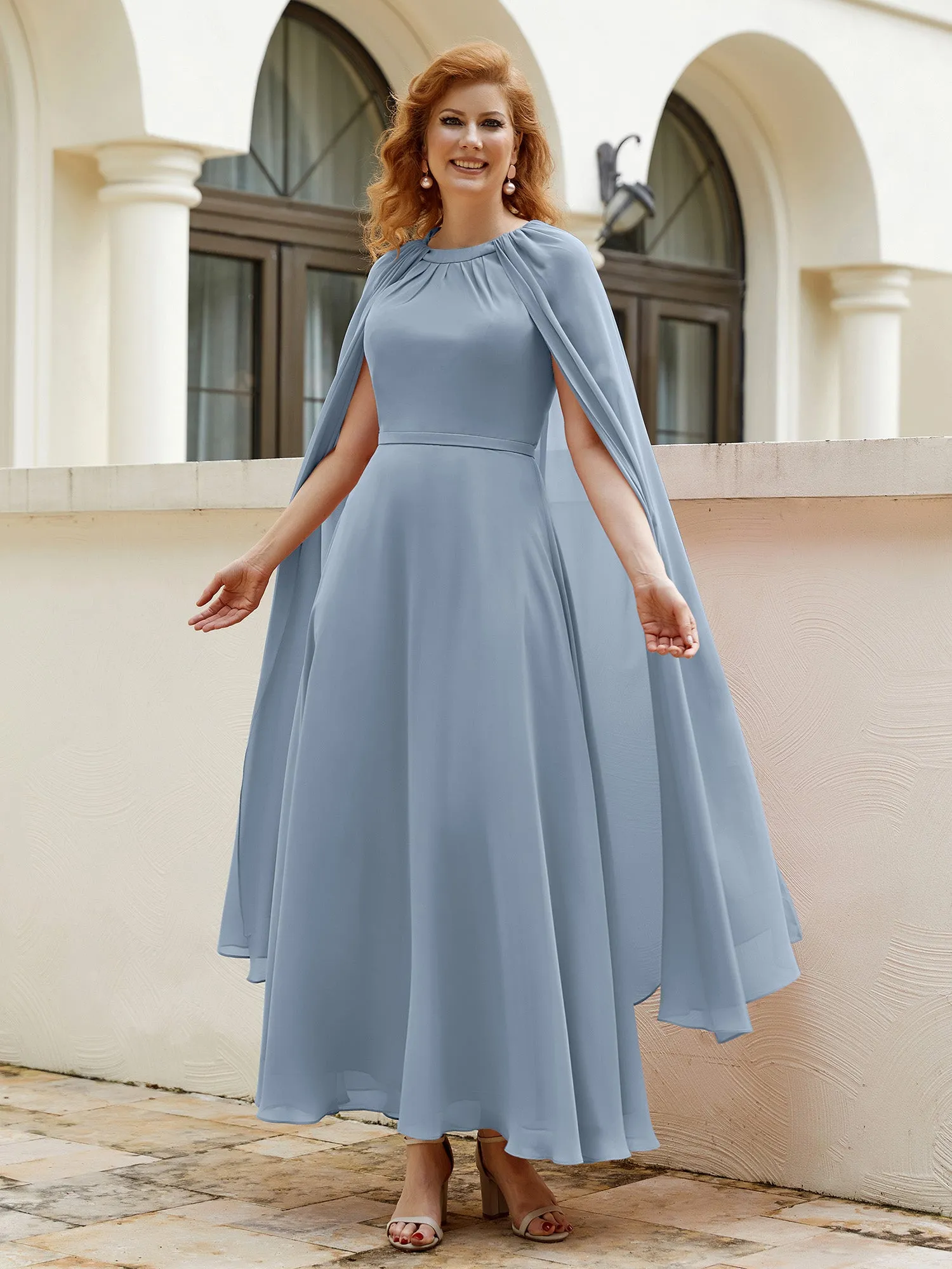 A-line Jewel-Neck Chiffon Dress With Long Cape-Dusty Blue