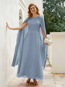 A-line Jewel-Neck Chiffon Dress With Long Cape-Dusty Blue