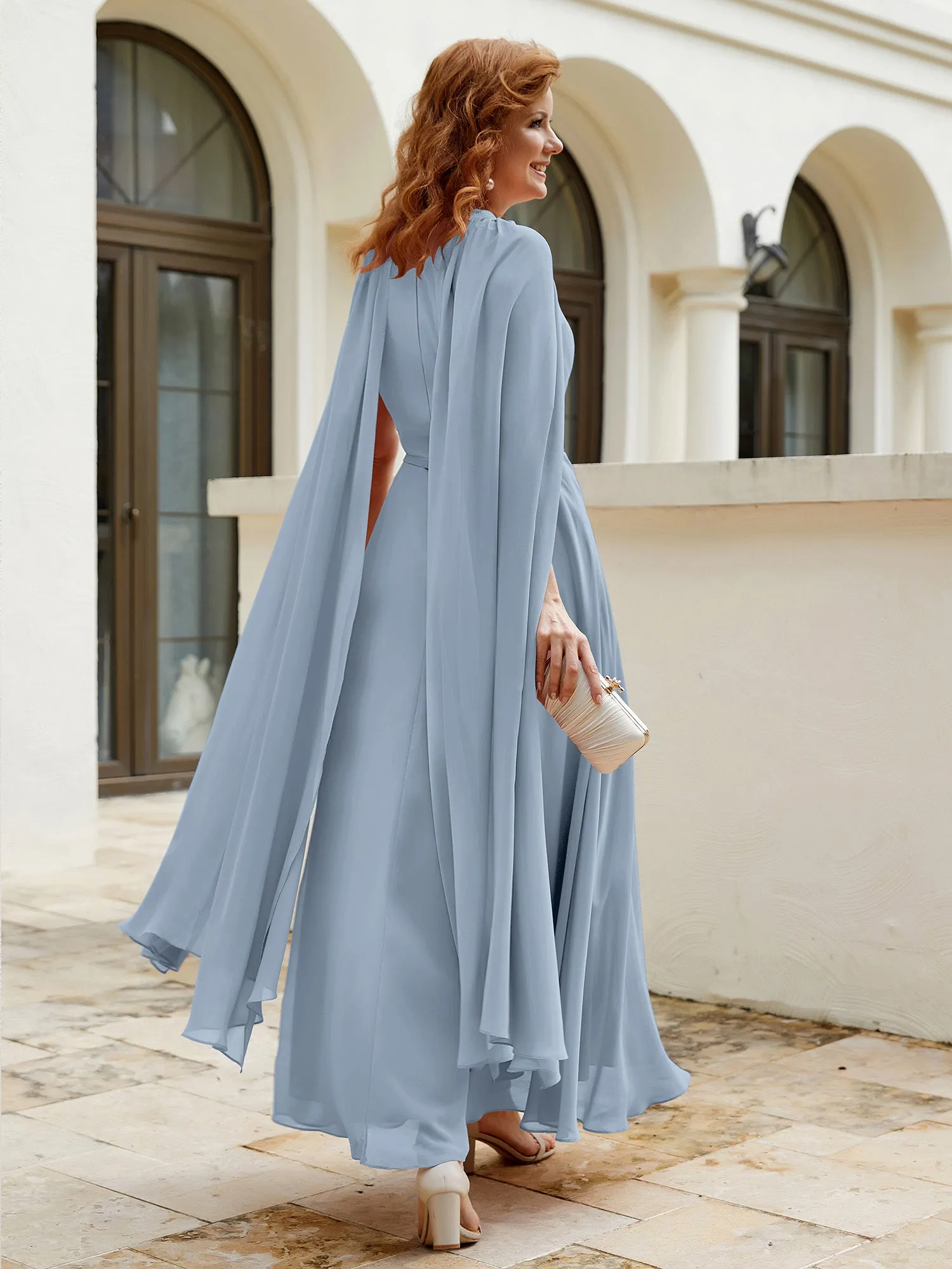 A-line Jewel-Neck Chiffon Dress With Long Cape-Dusty Blue