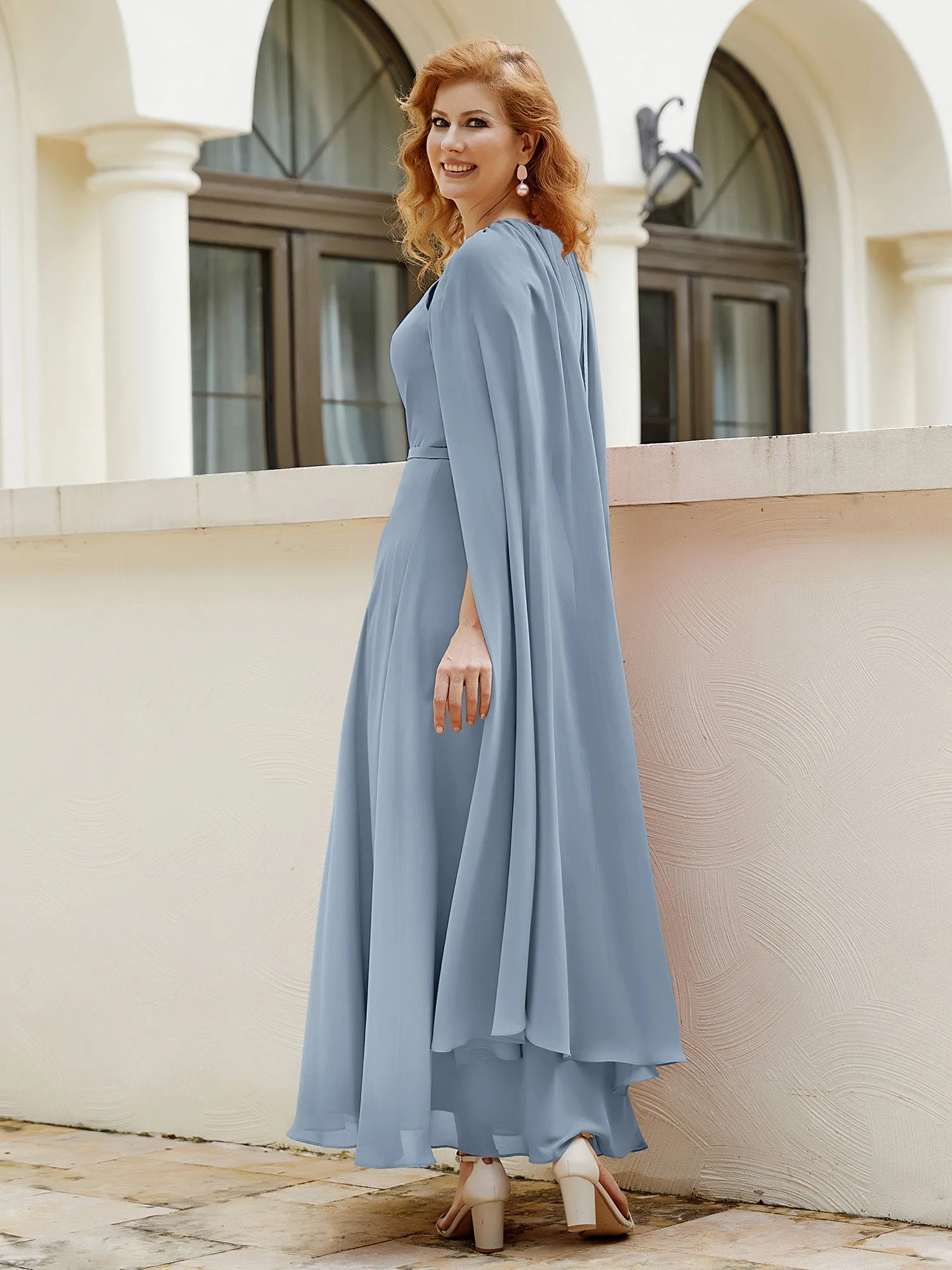 A-line Jewel-Neck Chiffon Dress With Long Cape-Dusty Blue