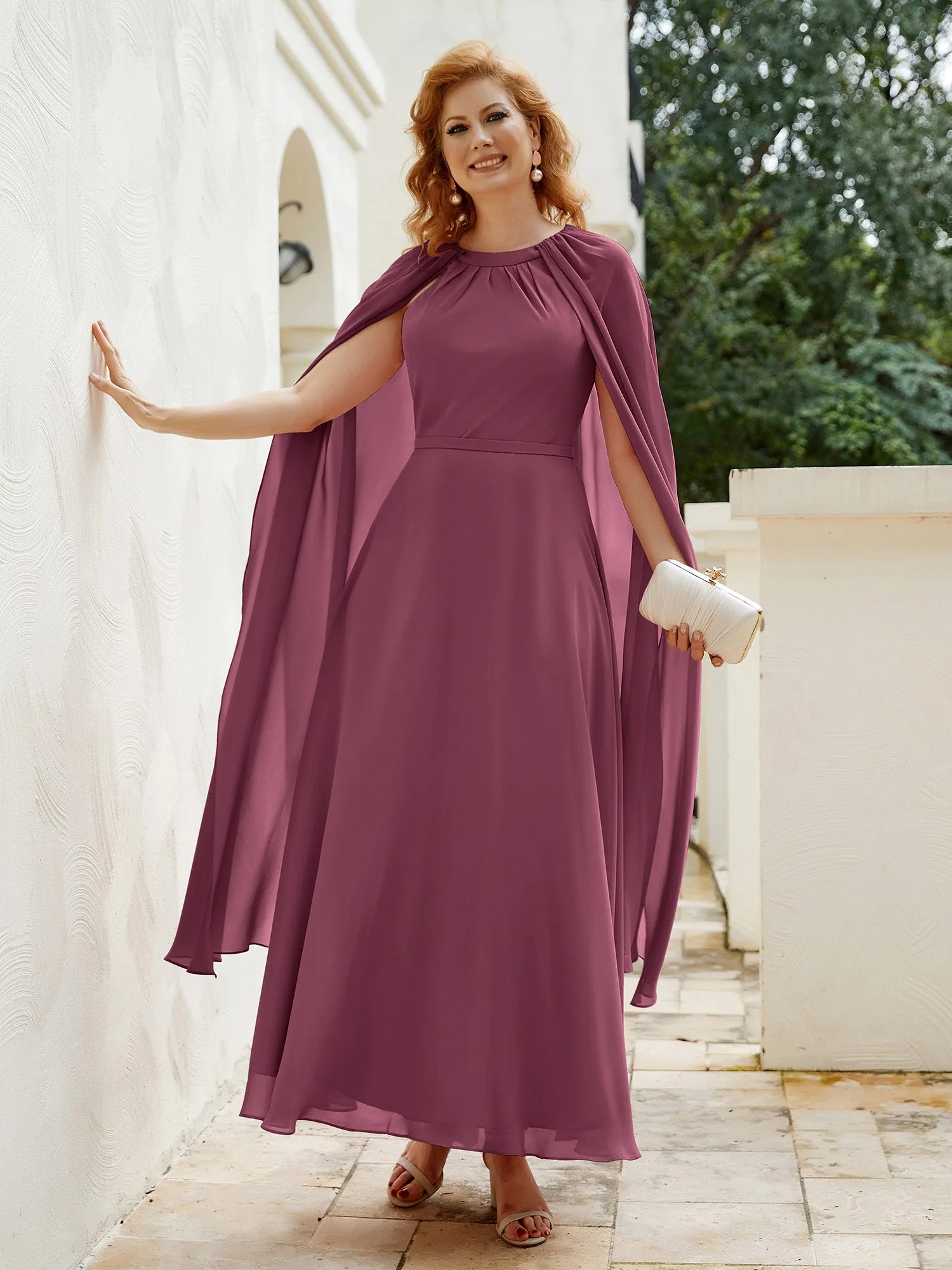A-line Jewel-Neck Chiffon Dress With Long Cape-Mulberry