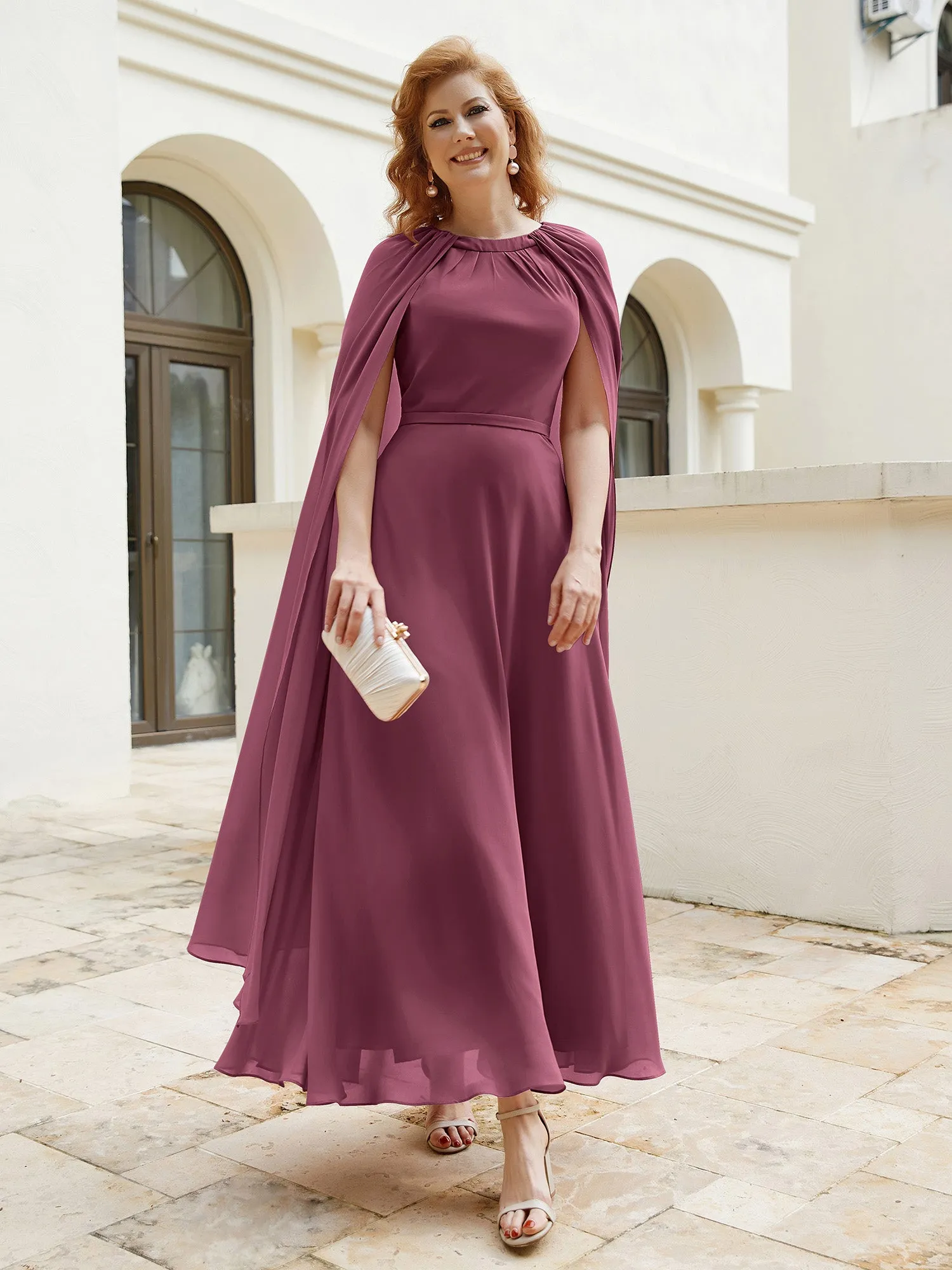 A-line Jewel-Neck Chiffon Dress With Long Cape-Mulberry