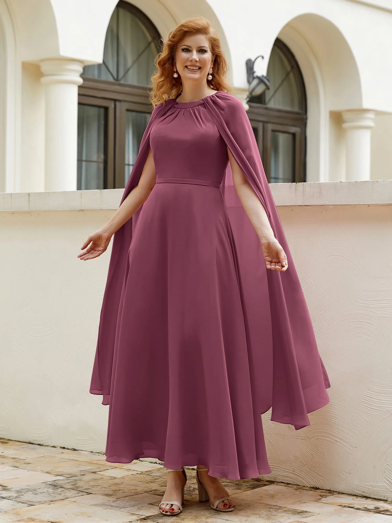 A-line Jewel-Neck Chiffon Dress With Long Cape-Mulberry
