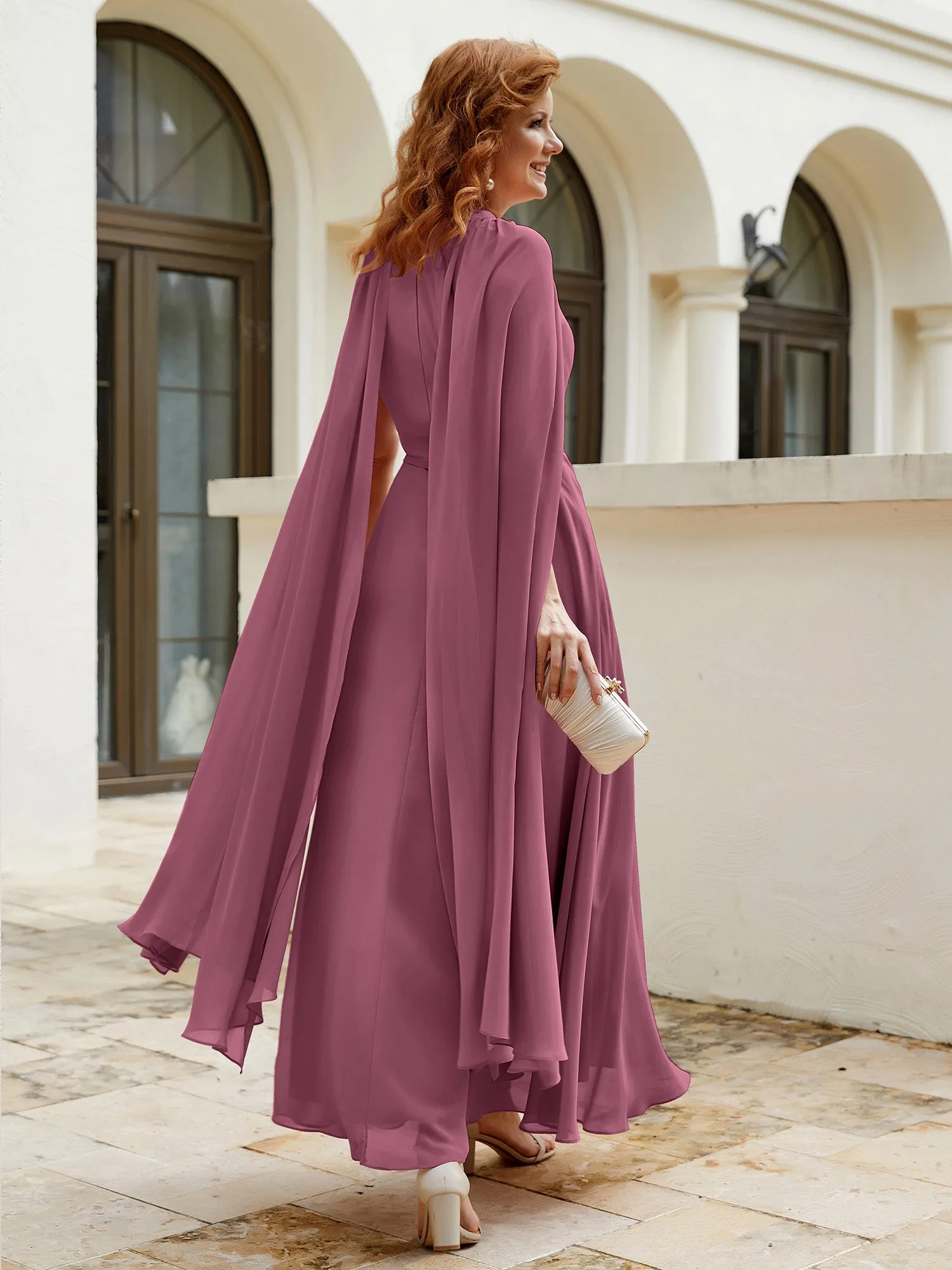 A-line Jewel-Neck Chiffon Dress With Long Cape-Mulberry