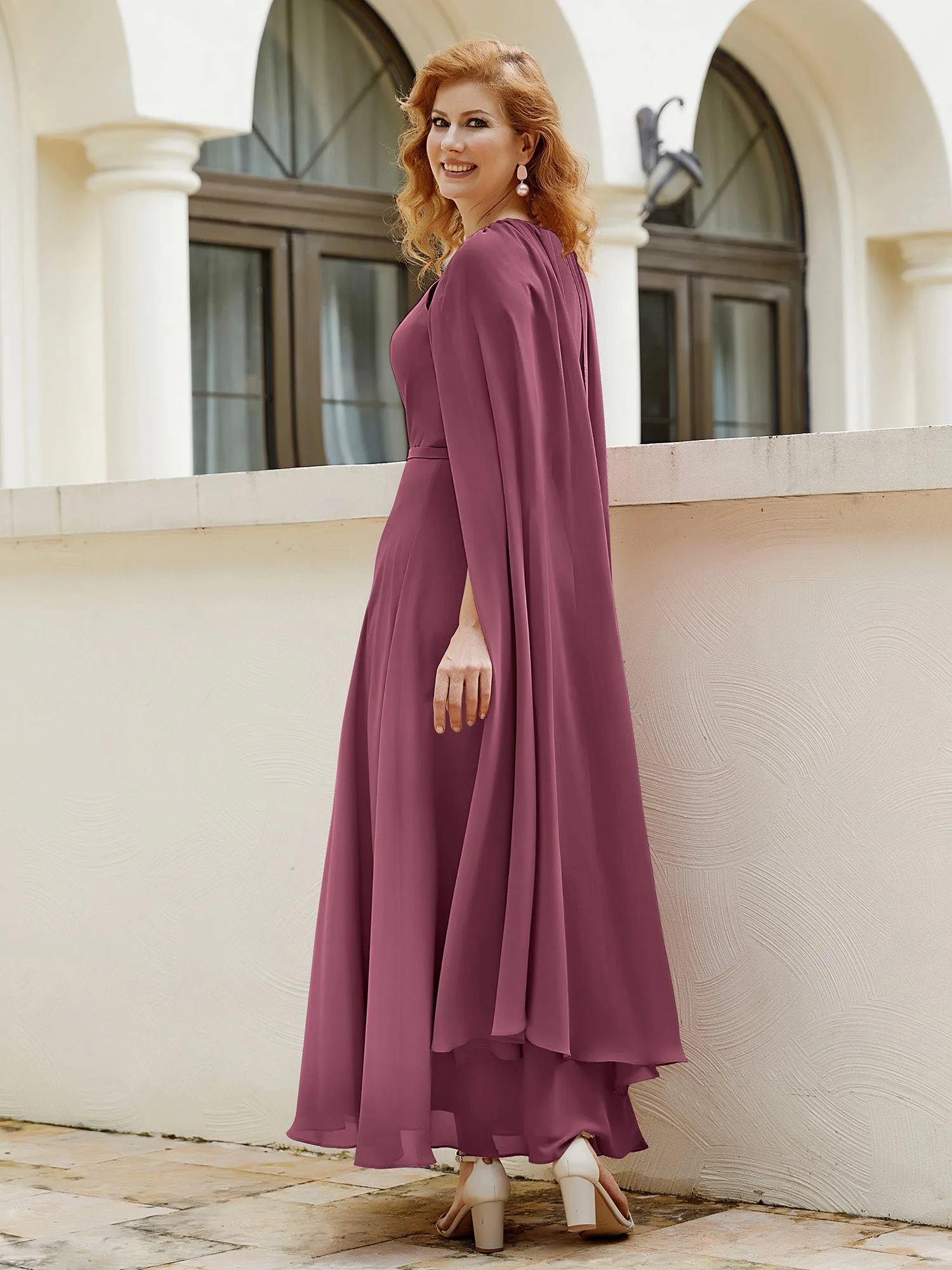 A-line Jewel-Neck Chiffon Dress With Long Cape-Mulberry