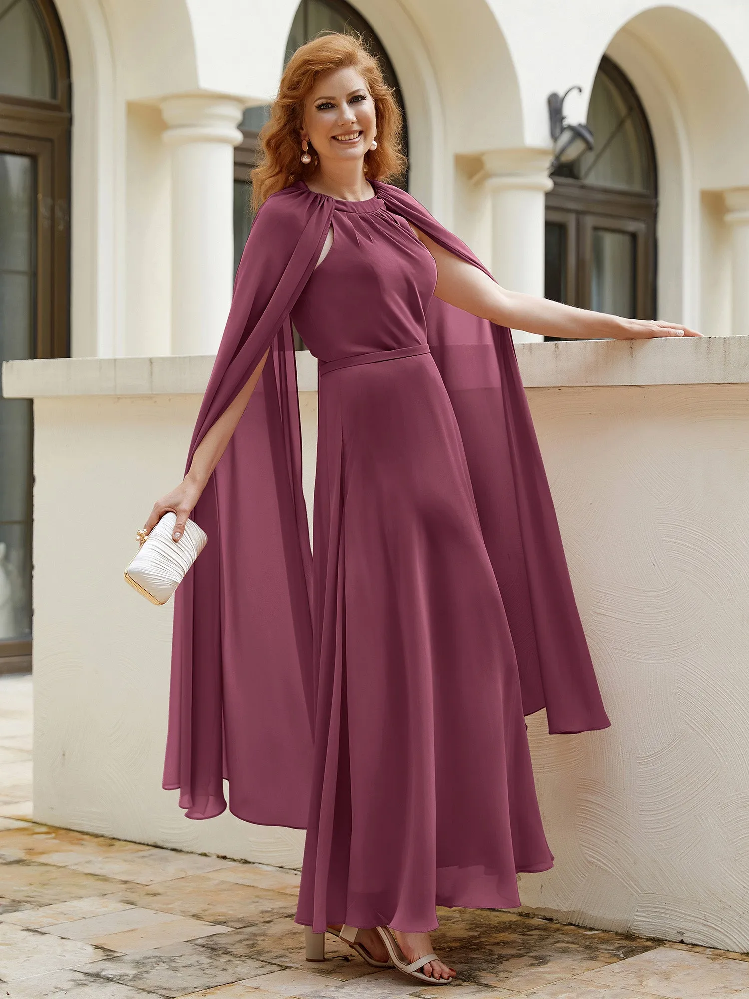 A-line Jewel-Neck Chiffon Dress With Long Cape-Mulberry