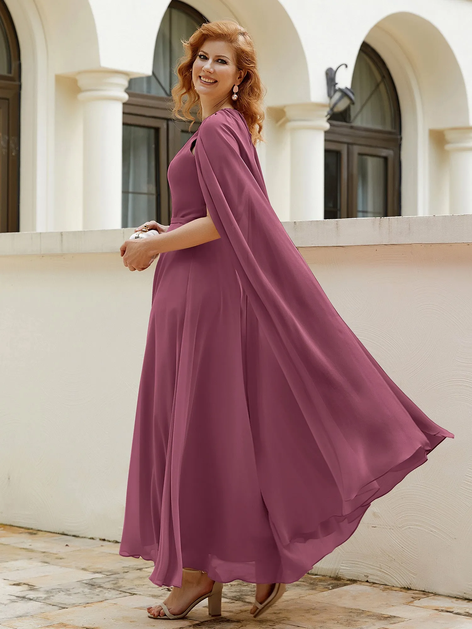 A-line Jewel-Neck Chiffon Dress With Long Cape-Mulberry