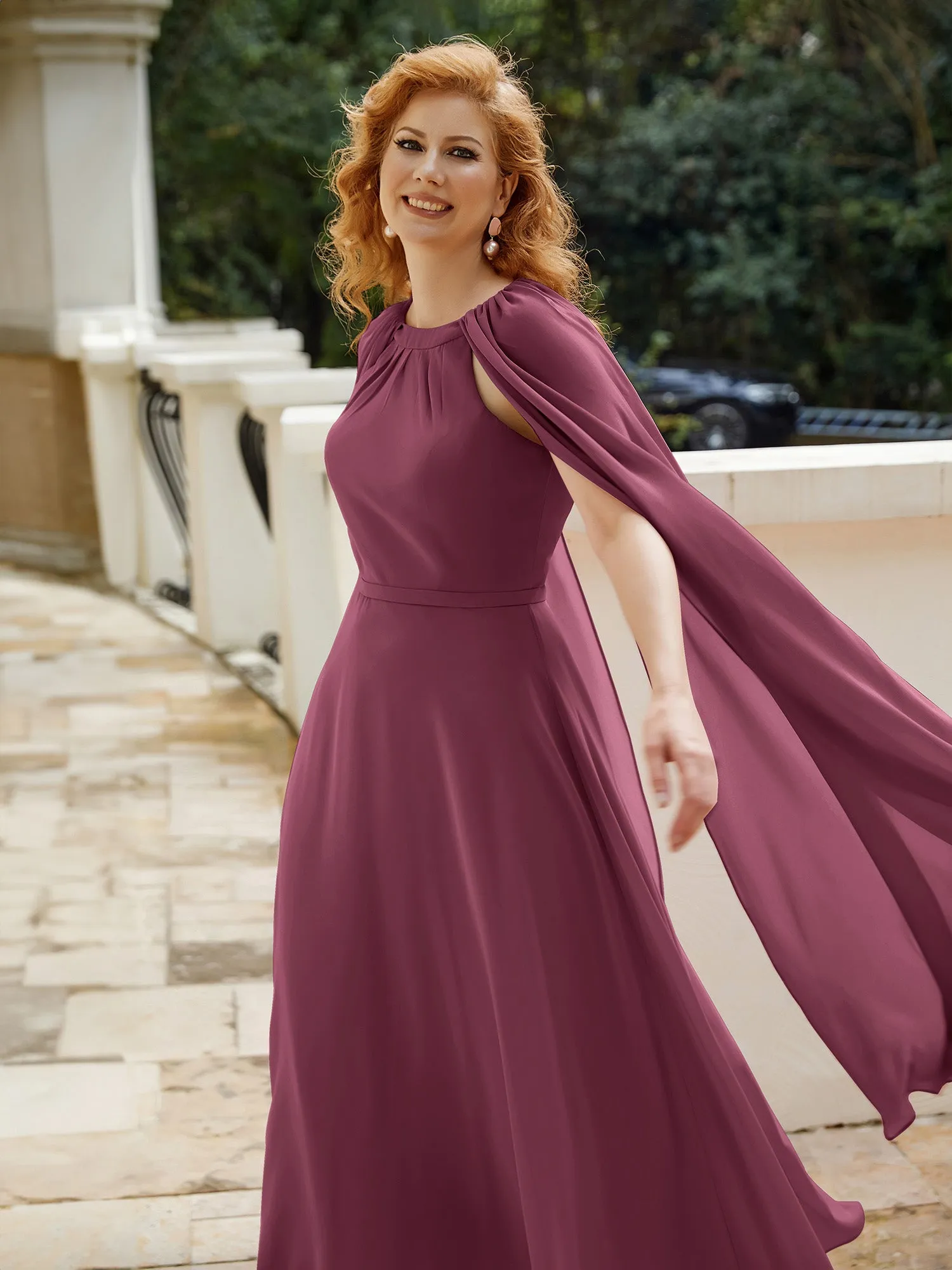 A-line Jewel-Neck Chiffon Dress With Long Cape-Mulberry