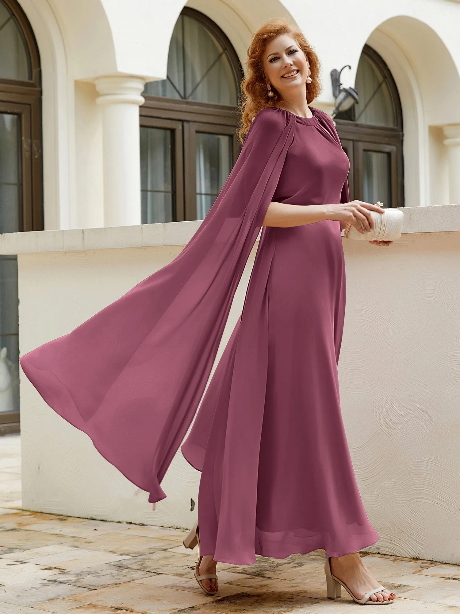 A-line Jewel-Neck Chiffon Dress With Long Cape-Mulberry