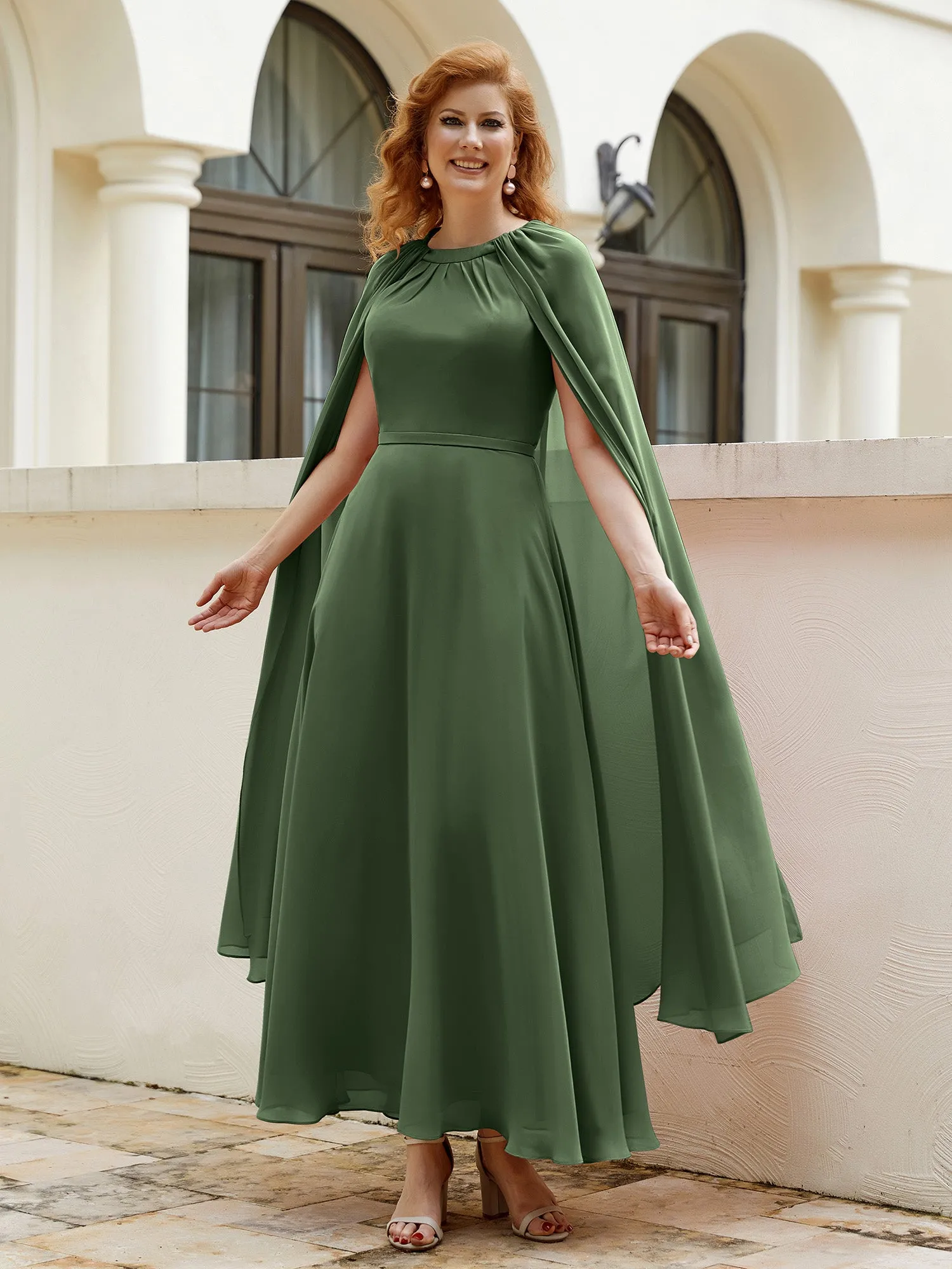 A-line Jewel-Neck Chiffon Dress With Long Cape-Olive Green