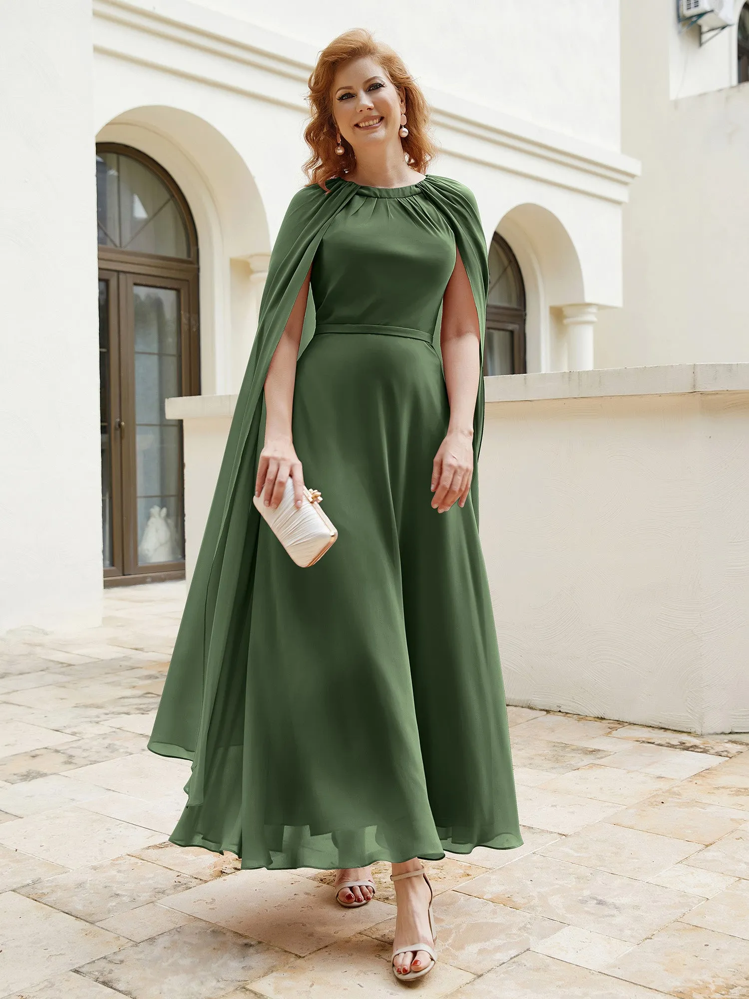 A-line Jewel-Neck Chiffon Dress With Long Cape-Olive Green