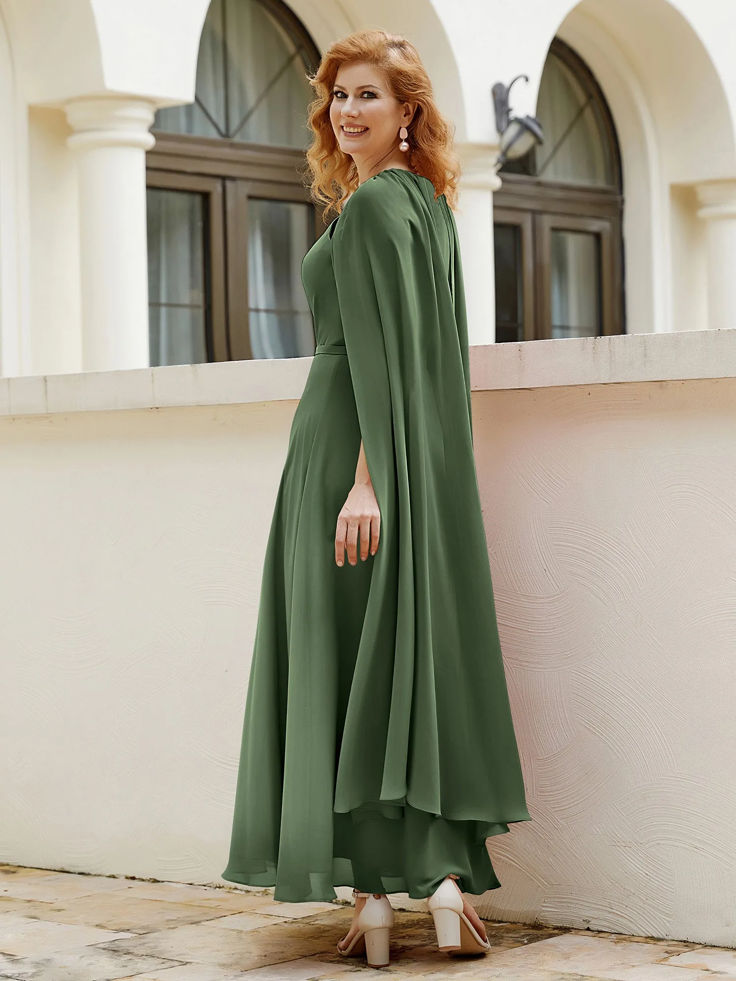 A-line Jewel-Neck Chiffon Dress With Long Cape-Olive Green