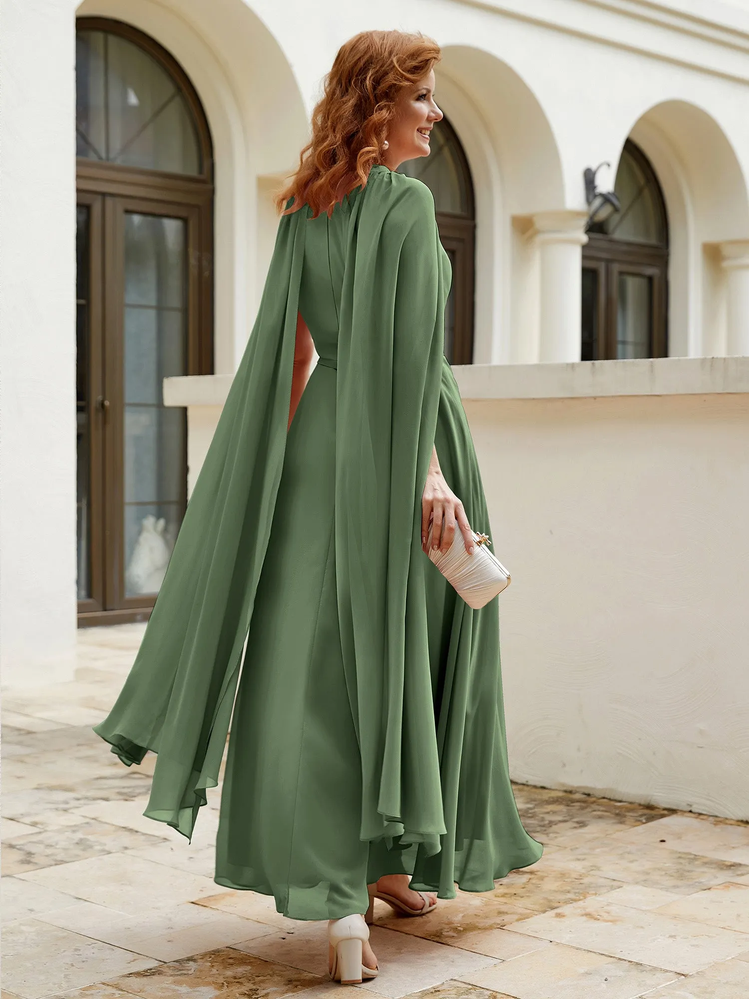 A-line Jewel-Neck Chiffon Dress With Long Cape-Olive Green