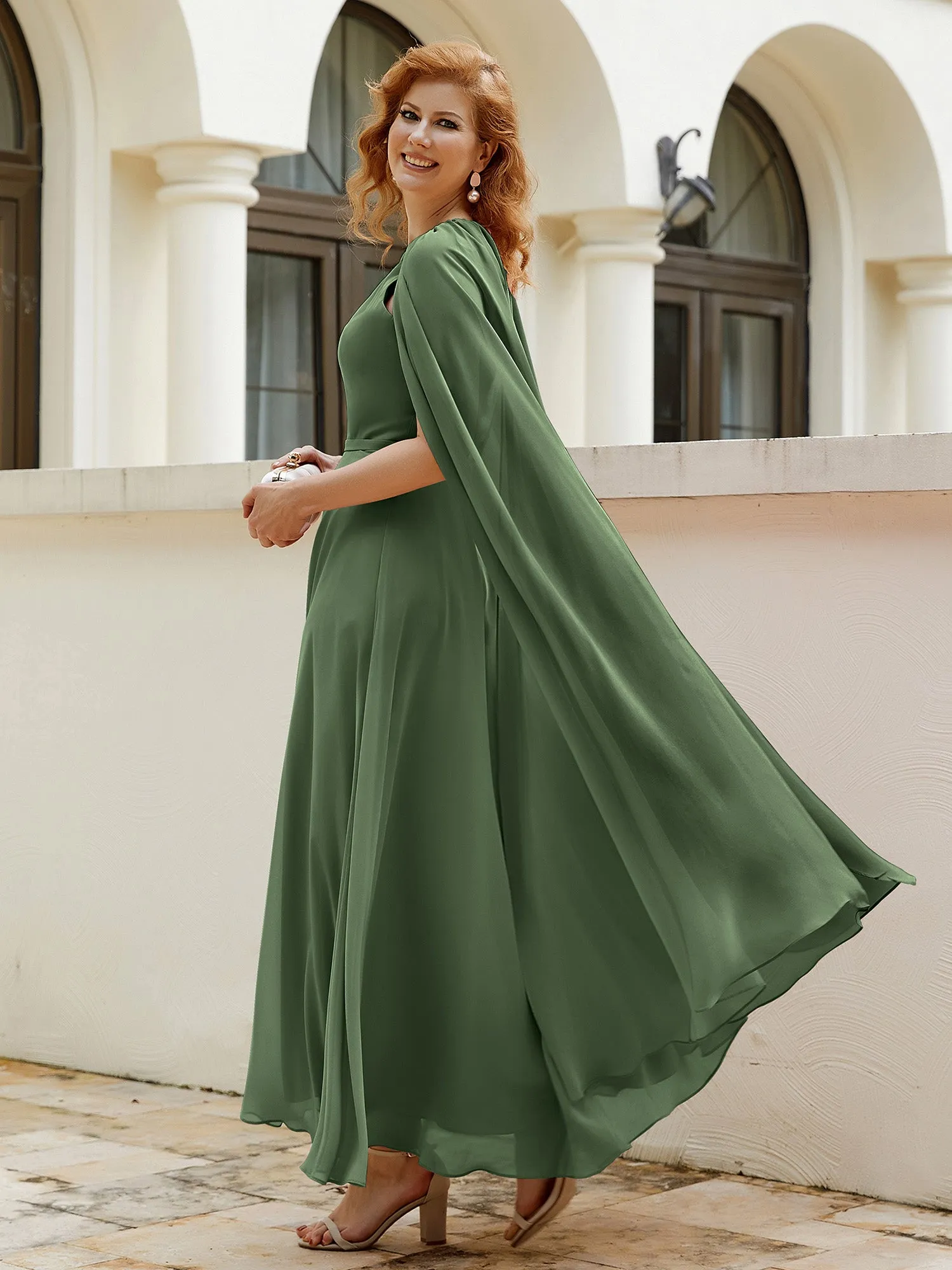 A-line Jewel-Neck Chiffon Dress With Long Cape-Olive Green