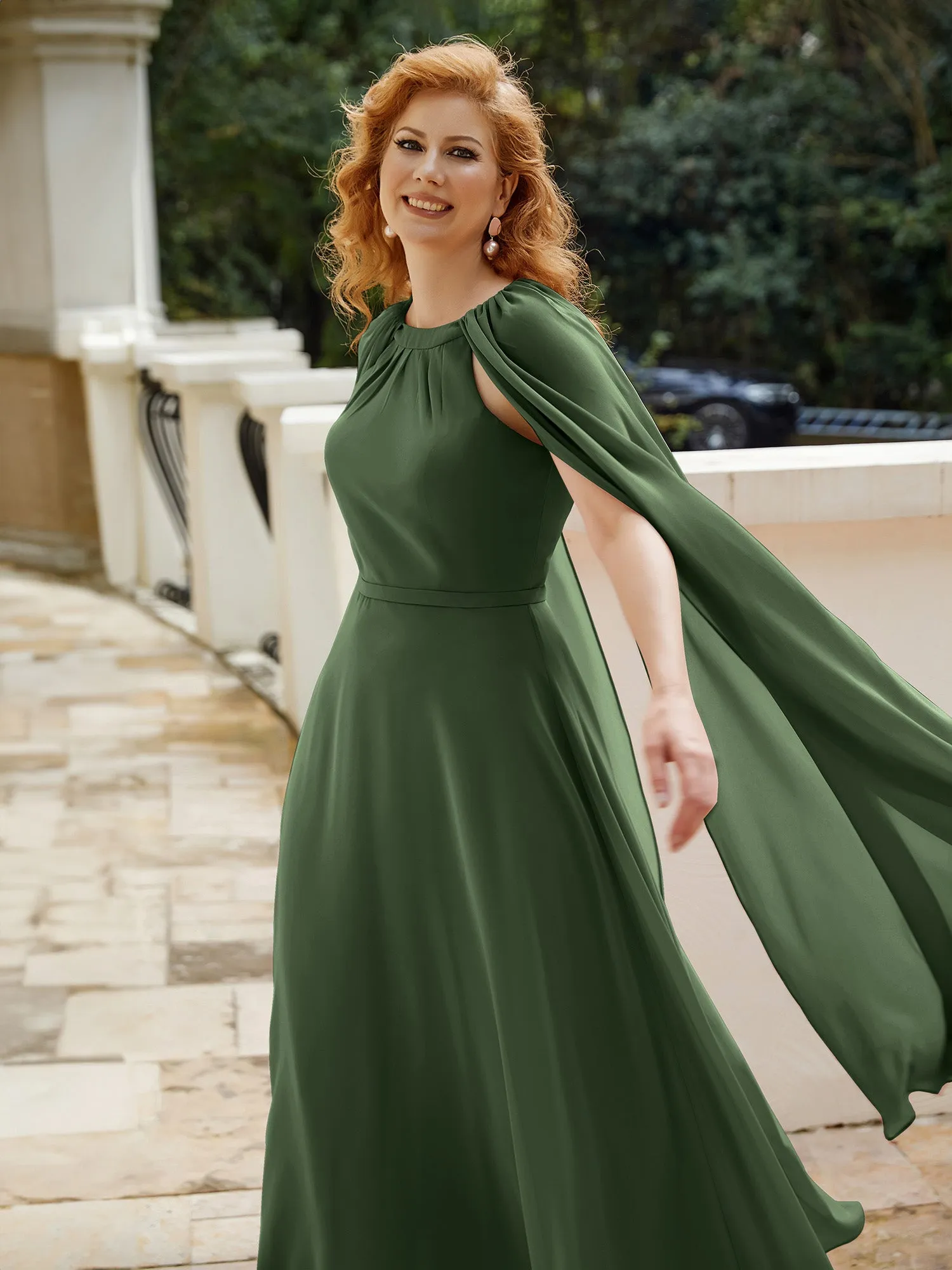 A-line Jewel-Neck Chiffon Dress With Long Cape-Olive Green