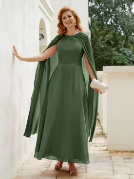 A-line Jewel-Neck Chiffon Dress With Long Cape-Olive Green