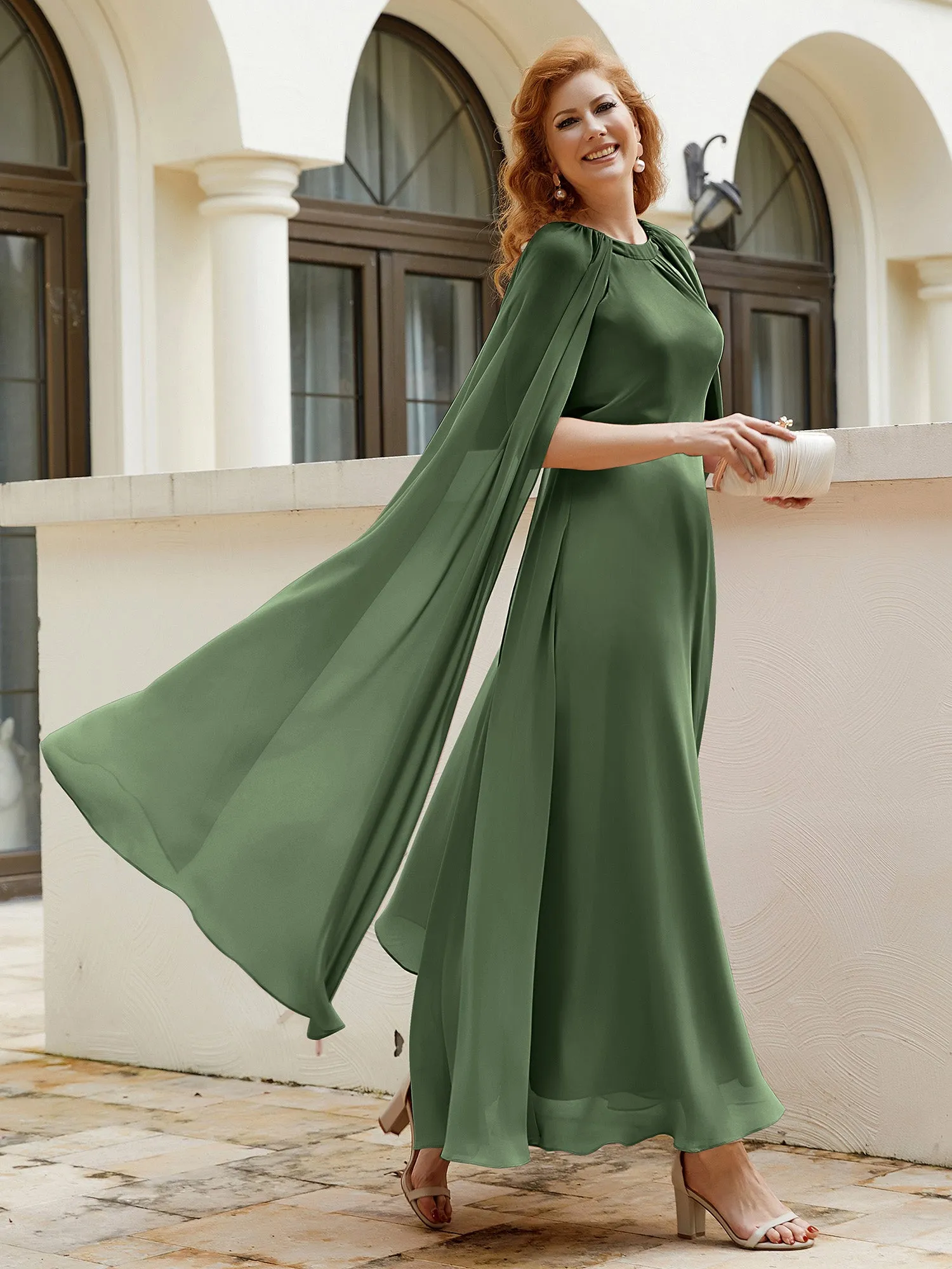 A-line Jewel-Neck Chiffon Dress With Long Cape-Olive Green