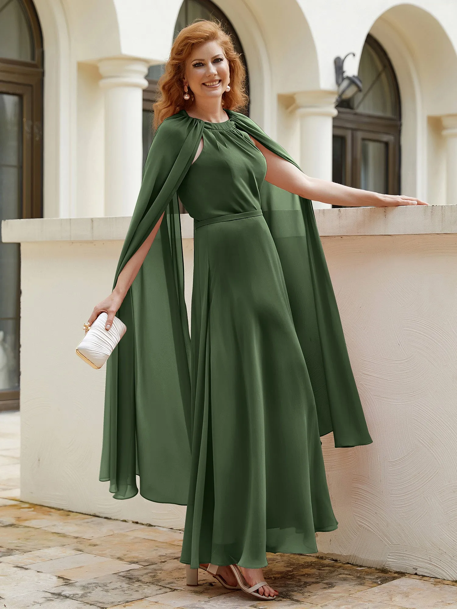A-line Jewel-Neck Chiffon Dress With Long Cape-Olive Green