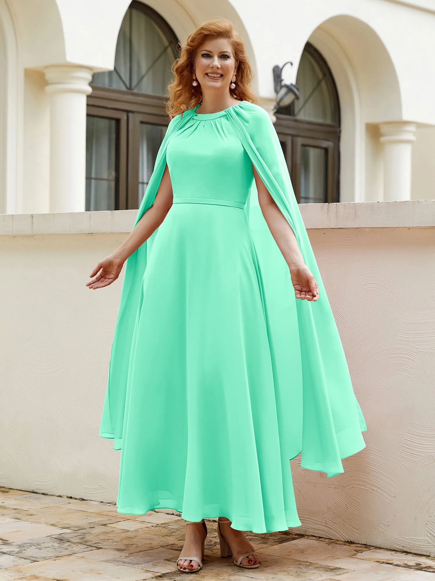 A-line Jewel-Neck Chiffon Dress With Long Cape-Turquoise