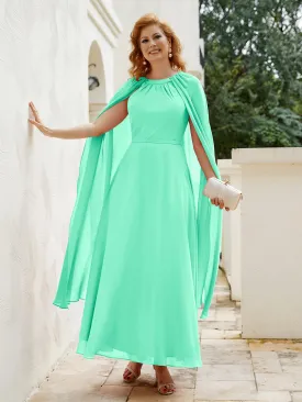 A-line Jewel-Neck Chiffon Dress With Long Cape-Turquoise