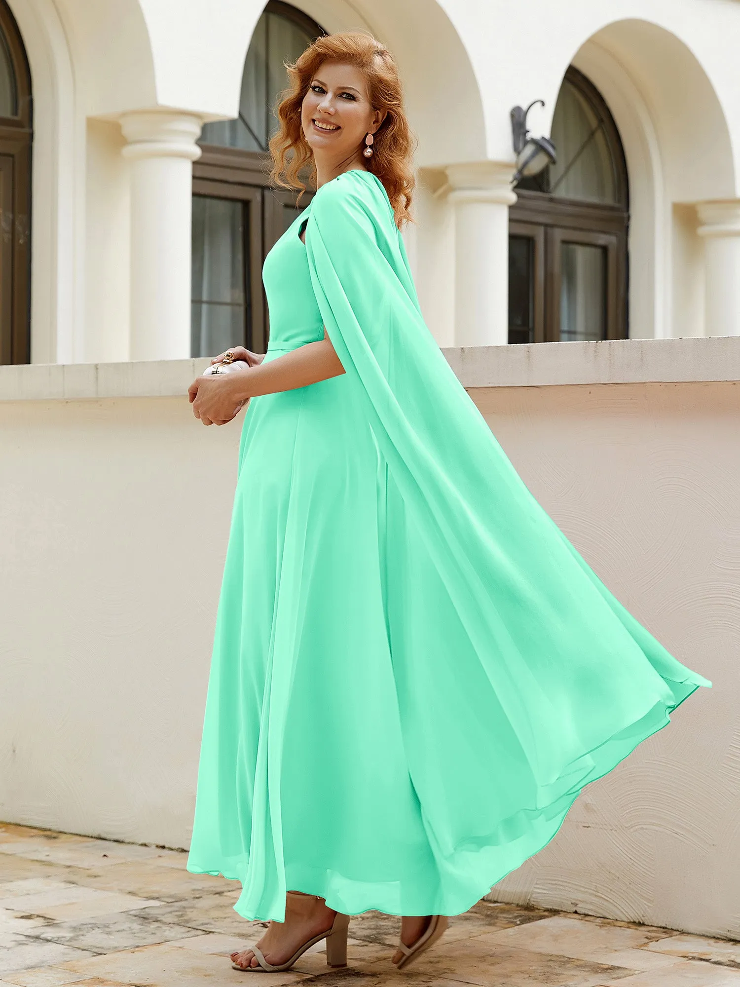 A-line Jewel-Neck Chiffon Dress With Long Cape-Turquoise