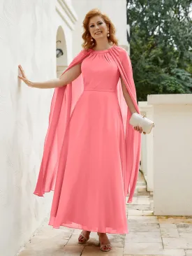 A-line Jewel-Neck Chiffon Dress With Long Cape-Watermelon