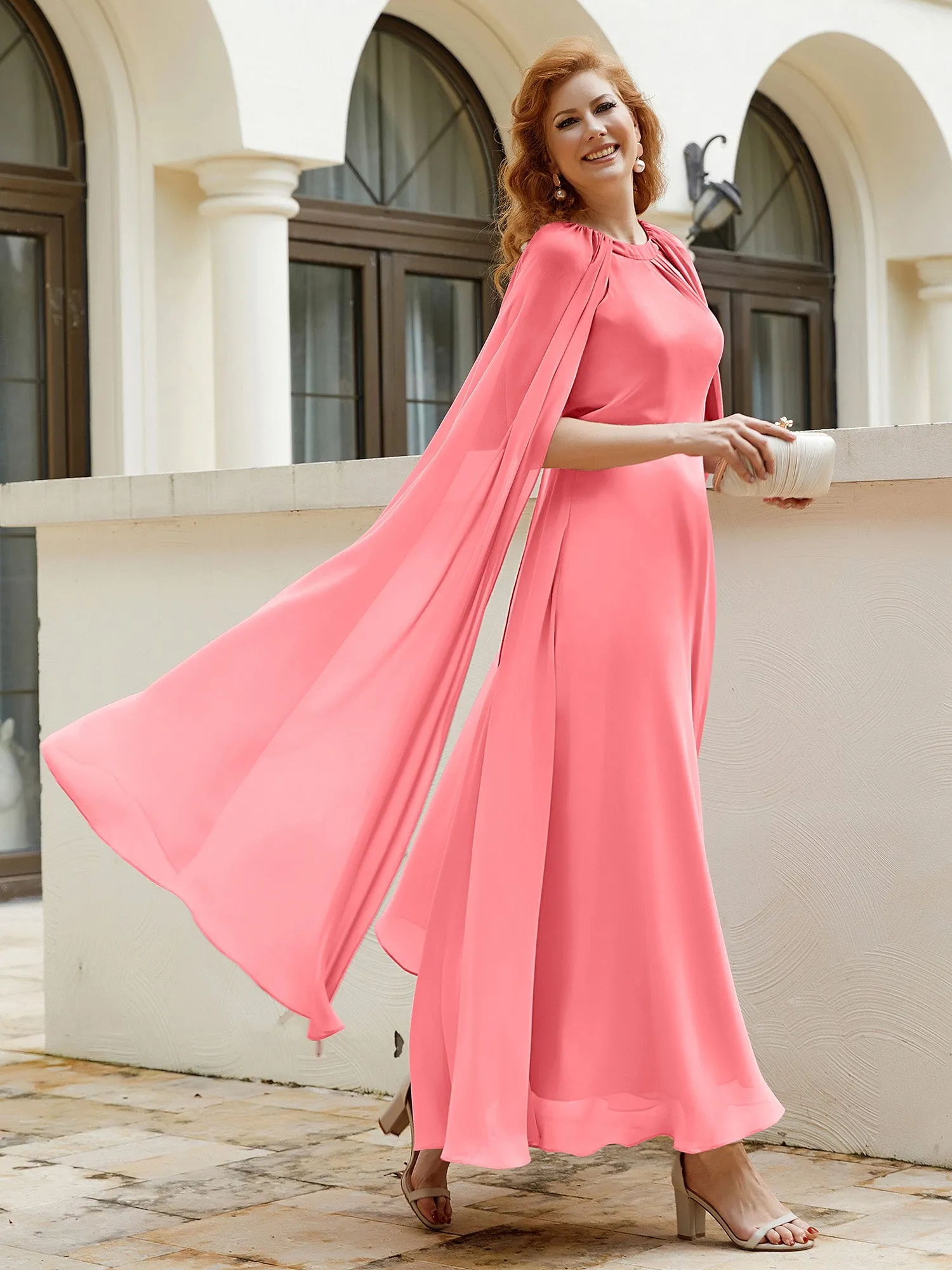 A-line Jewel-Neck Chiffon Dress With Long Cape-Watermelon