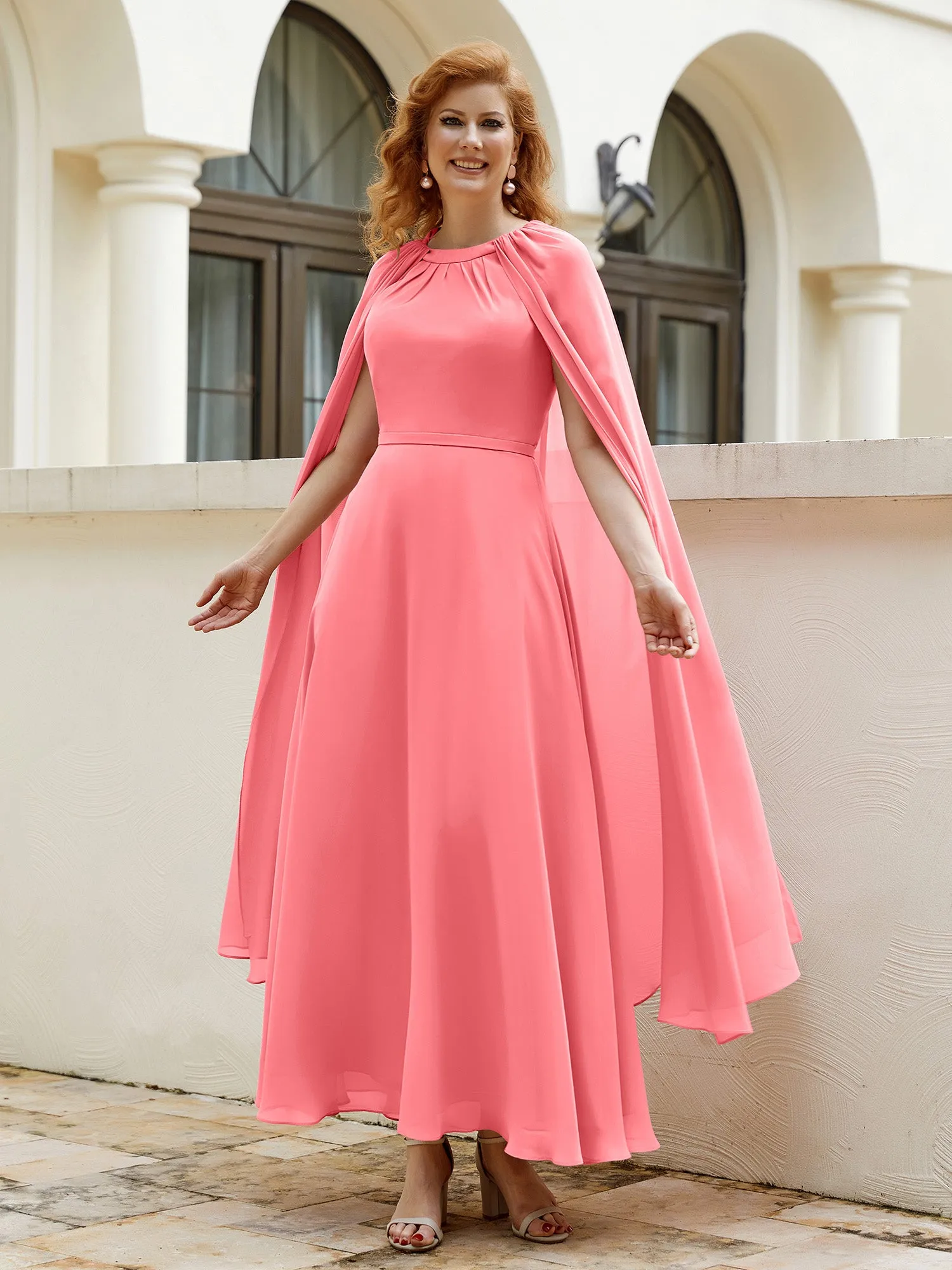 A-line Jewel-Neck Chiffon Dress With Long Cape-Watermelon