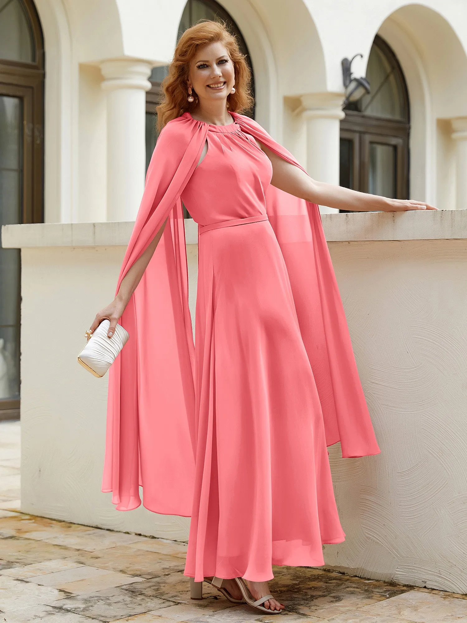 A-line Jewel-Neck Chiffon Dress With Long Cape-Watermelon