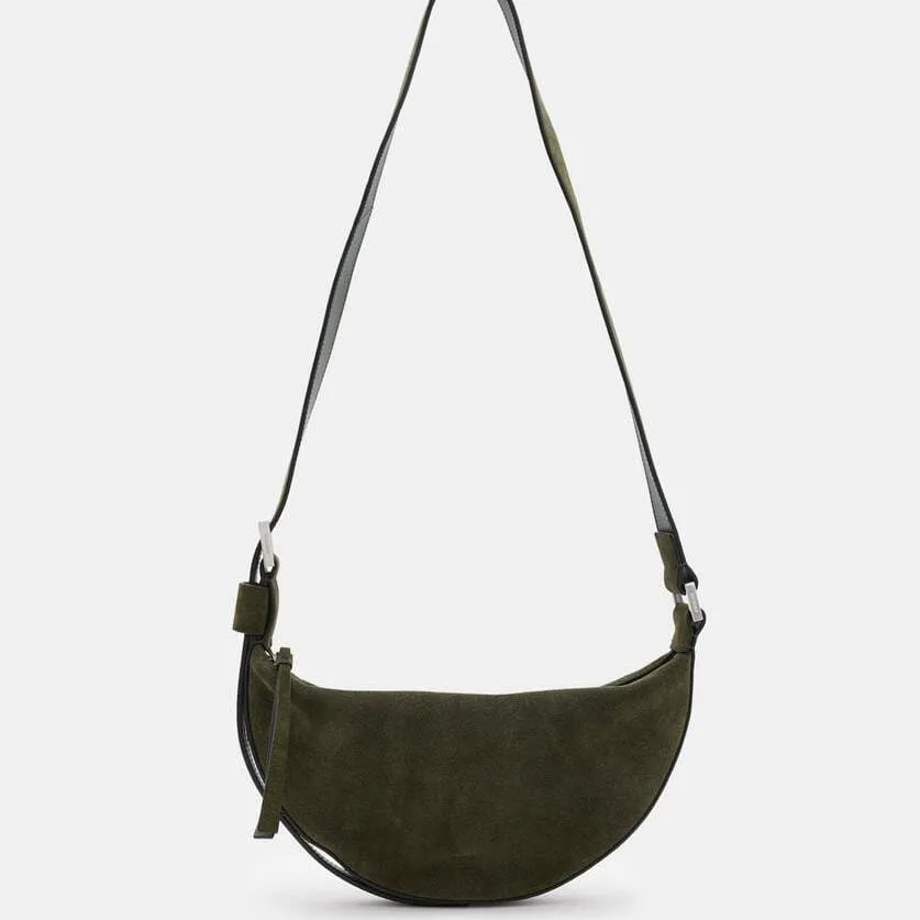 AllSaints Half Moon Suede Crossbody Bag in Olive Green