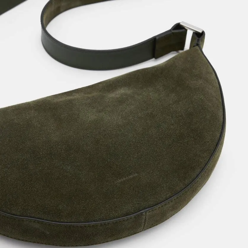 AllSaints Half Moon Suede Crossbody Bag in Olive Green