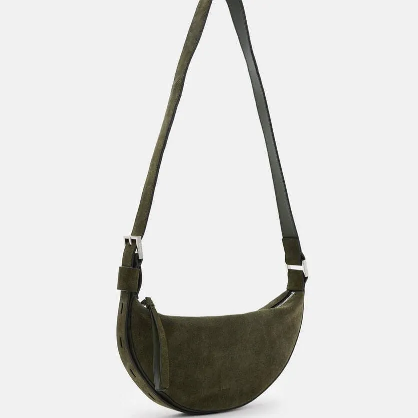 AllSaints Half Moon Suede Crossbody Bag in Olive Green