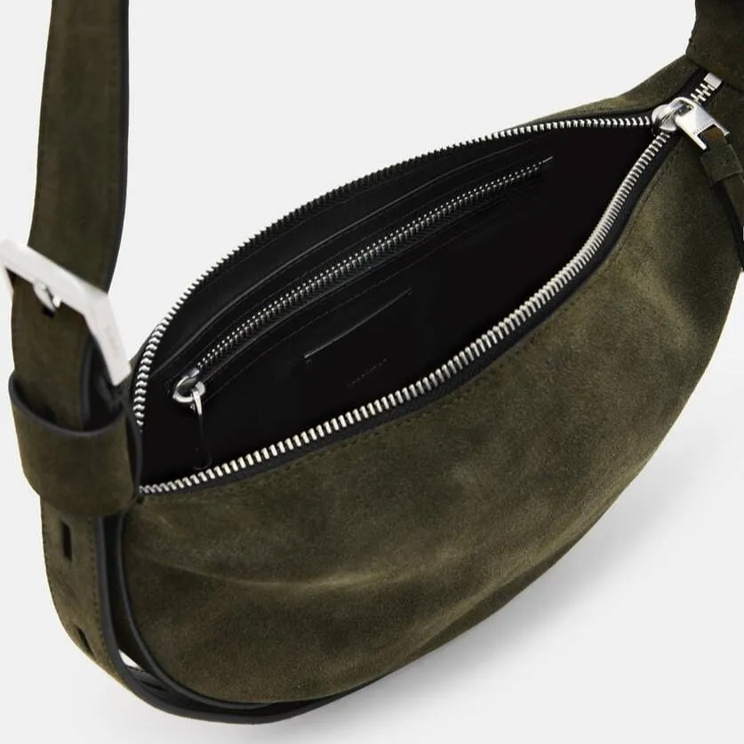 AllSaints Half Moon Suede Crossbody Bag in Olive Green