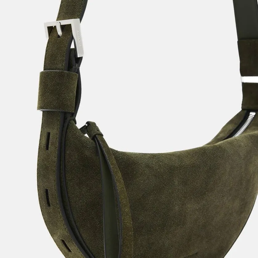 AllSaints Half Moon Suede Crossbody Bag in Olive Green