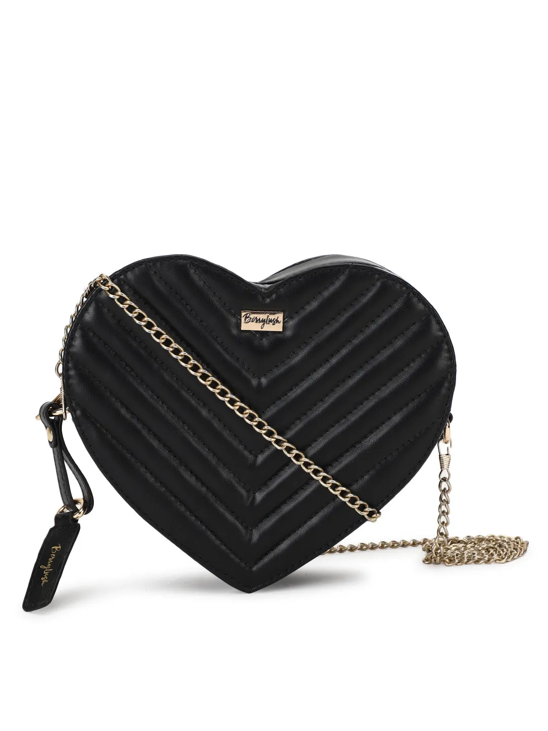 Berrylush Women Solid Black Quilted Pattern PU Detachable Sling Strap Heart Structured Regular Sling Bag